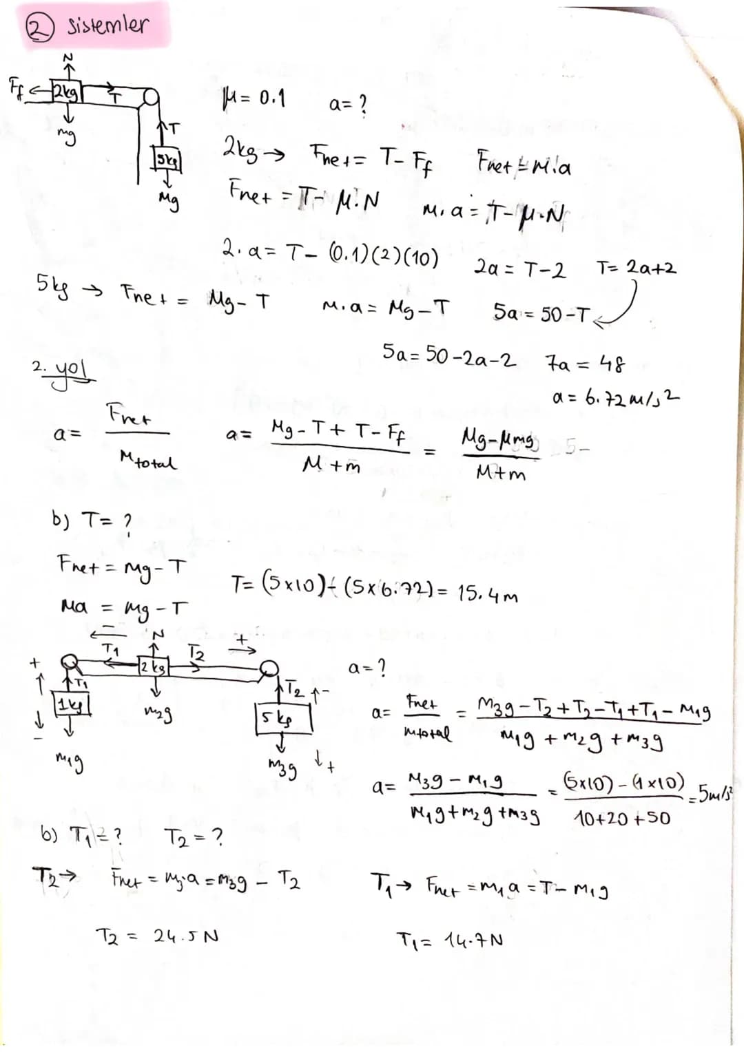 Newton Hareket Yasaları
+ Sistemler
m
$a=\frac{Mg-Mong}{M+m}$
$ma=Mg-T$
M
$T=mg-ma$
T1
T2
M2
M1
$a=\frac{M3g-M1g}{M1g+M2g+M3g}$
M3
$m1