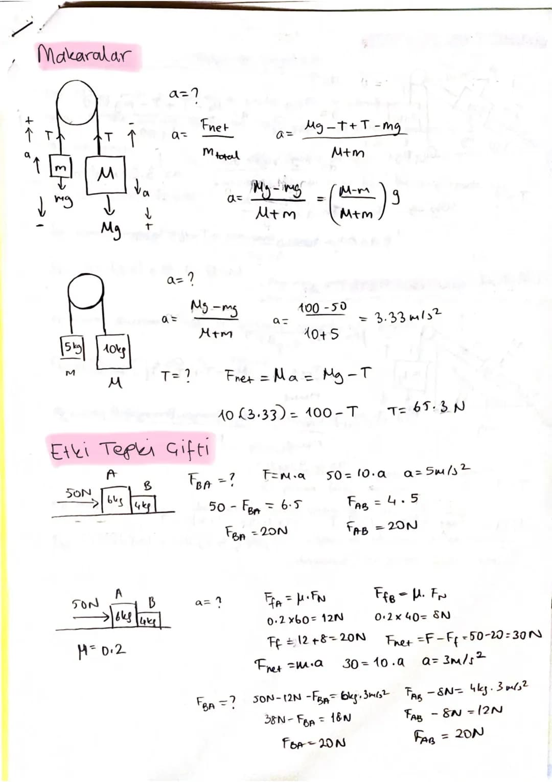 Newton Hareket Yasaları
+ Sistemler
m
$a=\frac{Mg-Mong}{M+m}$
$ma=Mg-T$
M
$T=mg-ma$
T1
T2
M2
M1
$a=\frac{M3g-M1g}{M1g+M2g+M3g}$
M3
$m1