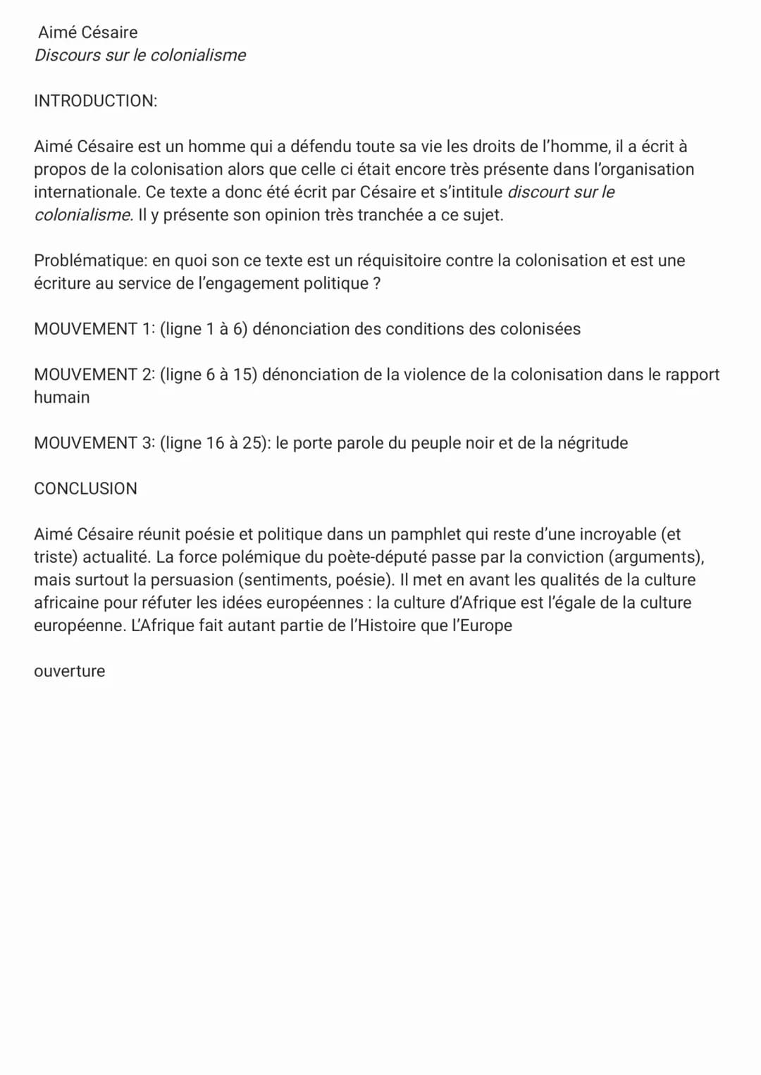 Aimé Césaire
Discours sur le colonialisme
INTRODUCTION:
Aimé Césaire est un homme qui a défendu toute sa vie les droits de l'homme, il a