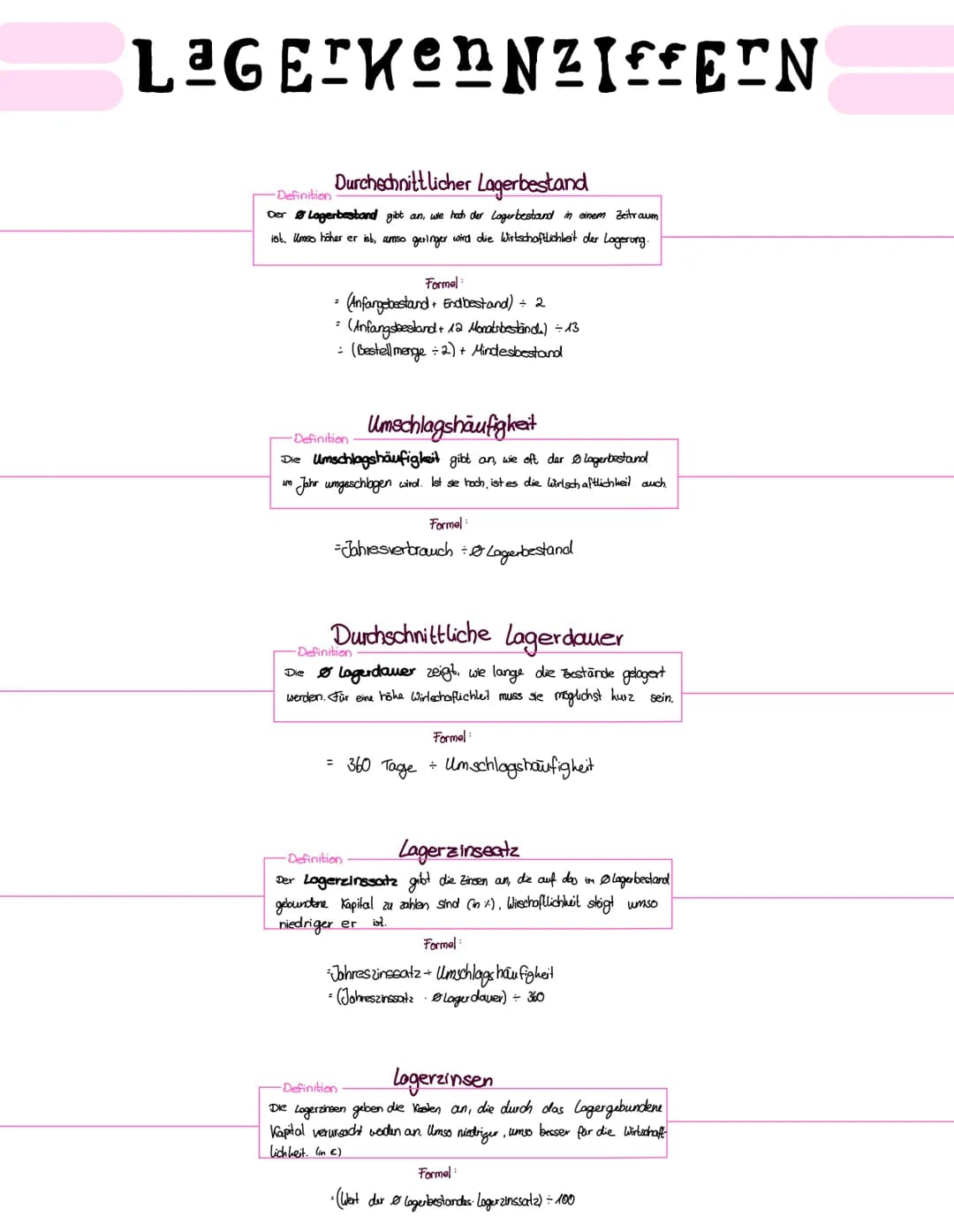 # LAGERKENNZIFFERN
Durchschnittlicher Lagerbestand
-Definition
Der Lagerbestand gibt an, wie hoch der Lagerbestand in einem Zeitraum
ist, U