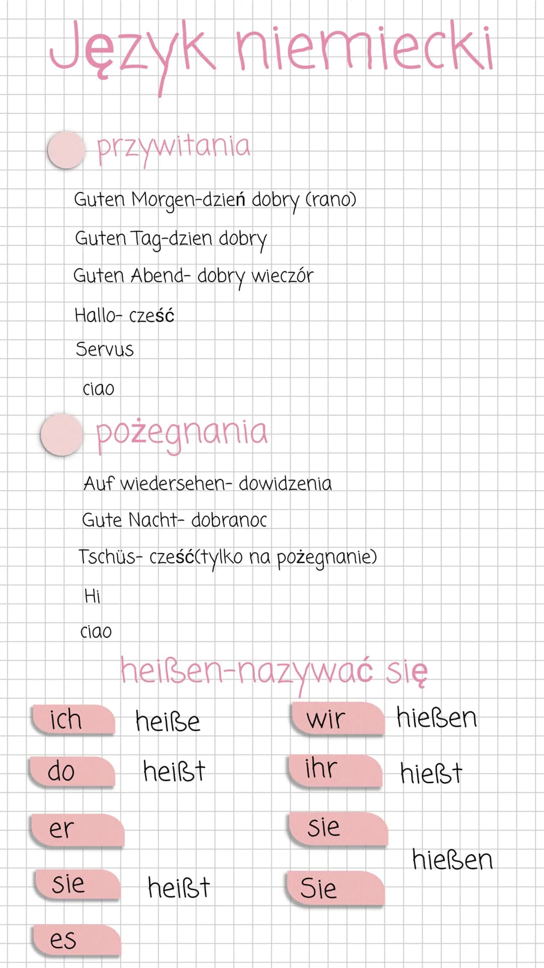 Język niemiecki
przywitania
Guten Morgen-dzień dobry (rano)
Guten Tag-dzien dobry
Guten Abend- dobry wieczór
Hallo- cześć
Servus
ciao