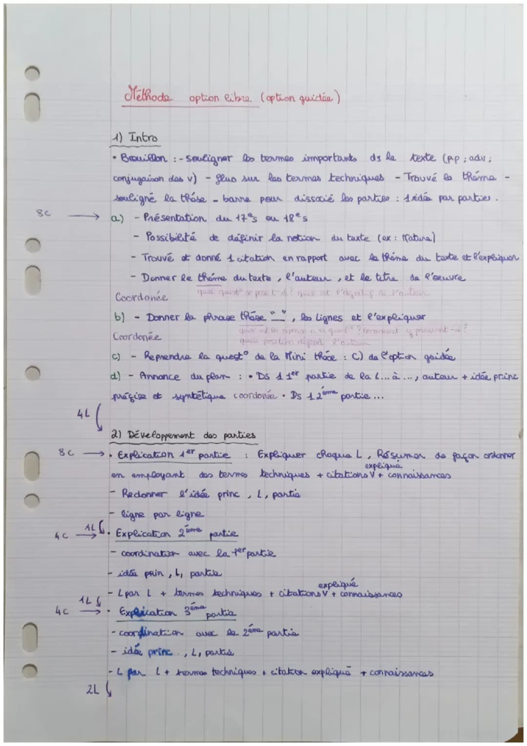 # Méthode option libre (option guidée)
1) Intro
* Brouillon :-souligner les termes importants ds le texte (pp; adv;
conjugaison des