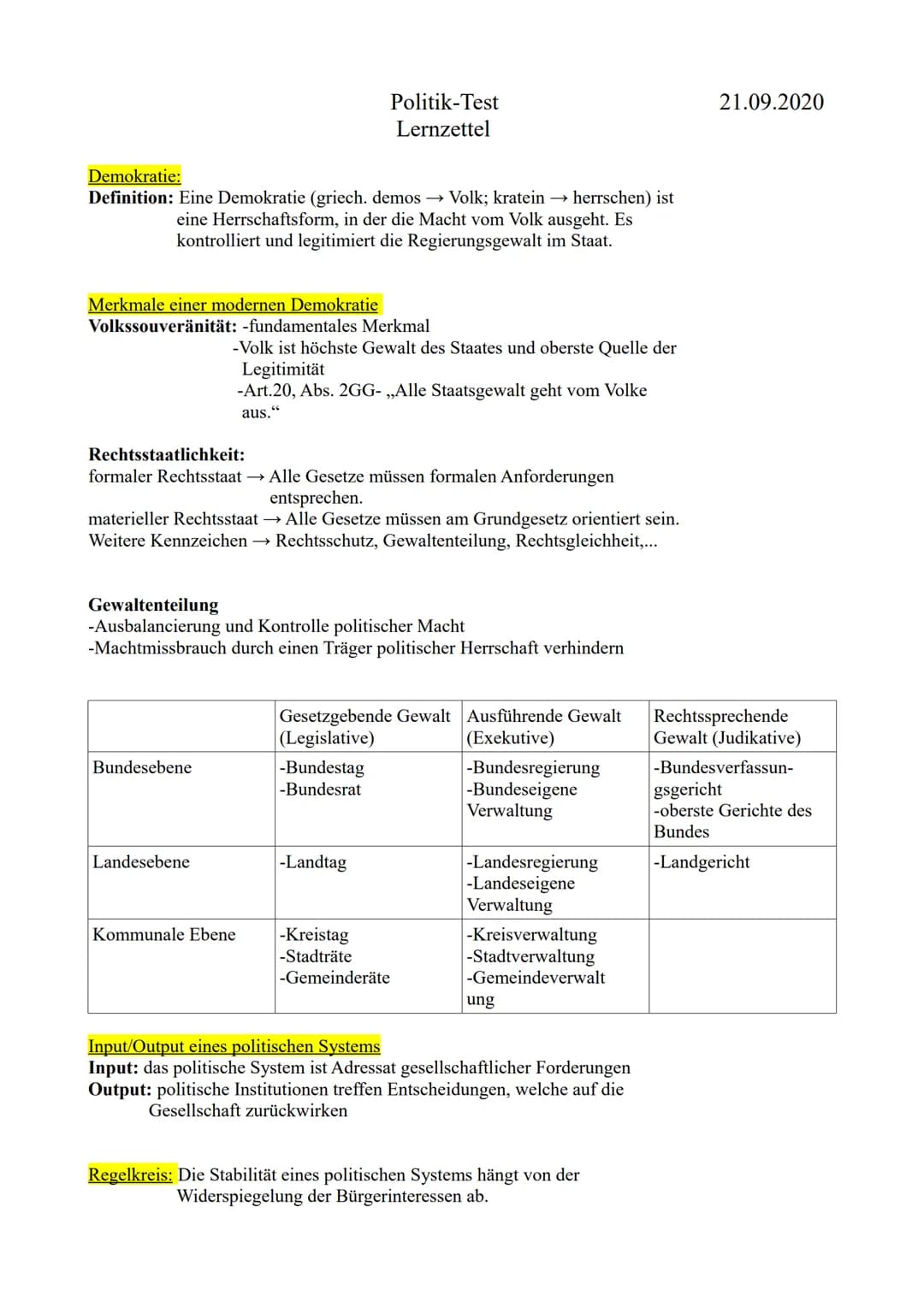 Politik-Test
Lernzettel
21.09.2020
Demokratie:
Definition: Eine Demokratie (griech. demos→ Volk; kratein herrschen) ist
eine Herrschaftsfor