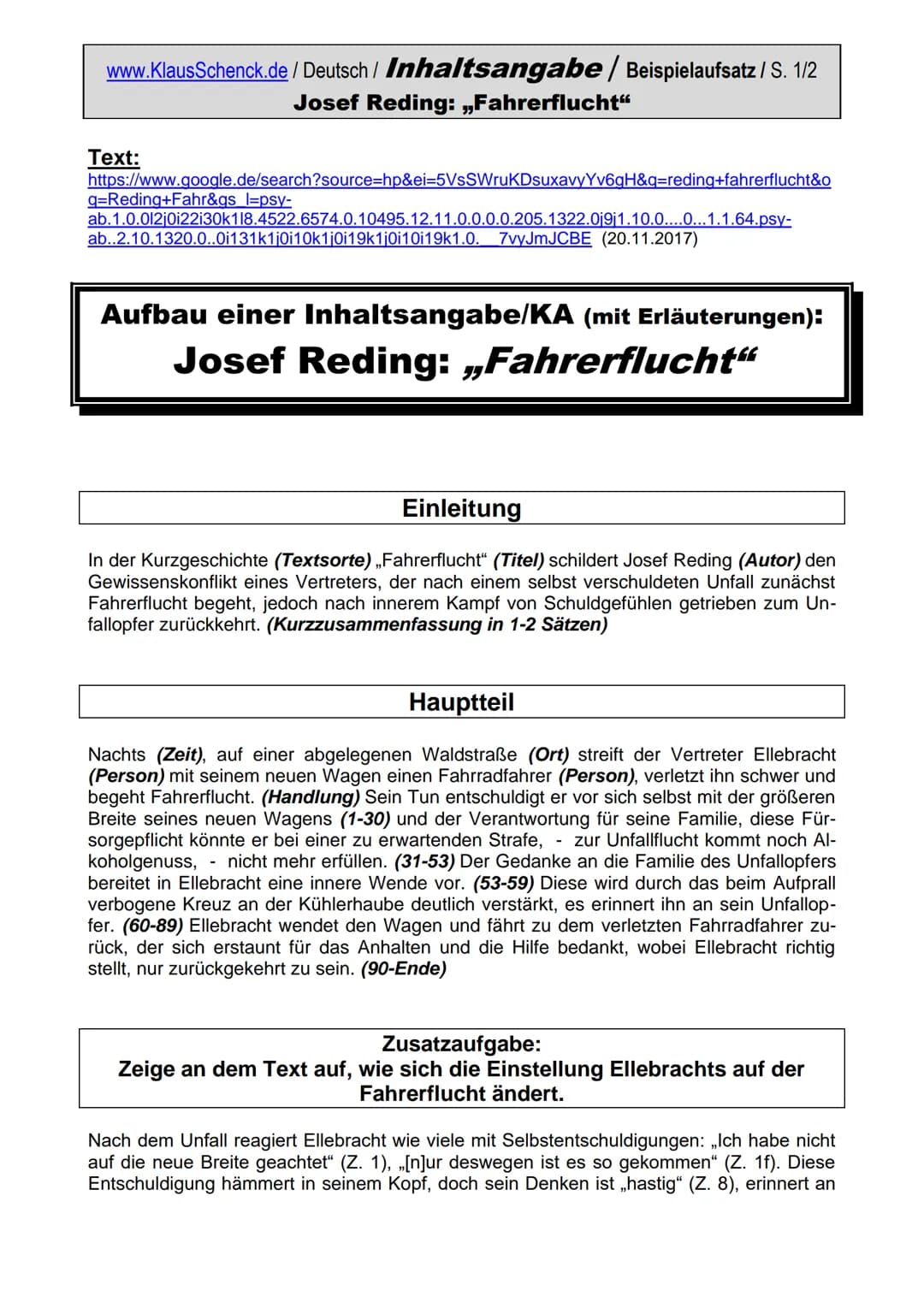www.KlausSchenck.de / Deutsch / Inhaltsangabe / Beispielaufsatz / S. 1/2
Josef Reding: „Fahrerflucht"
Text:
https://www.google.de/search?s