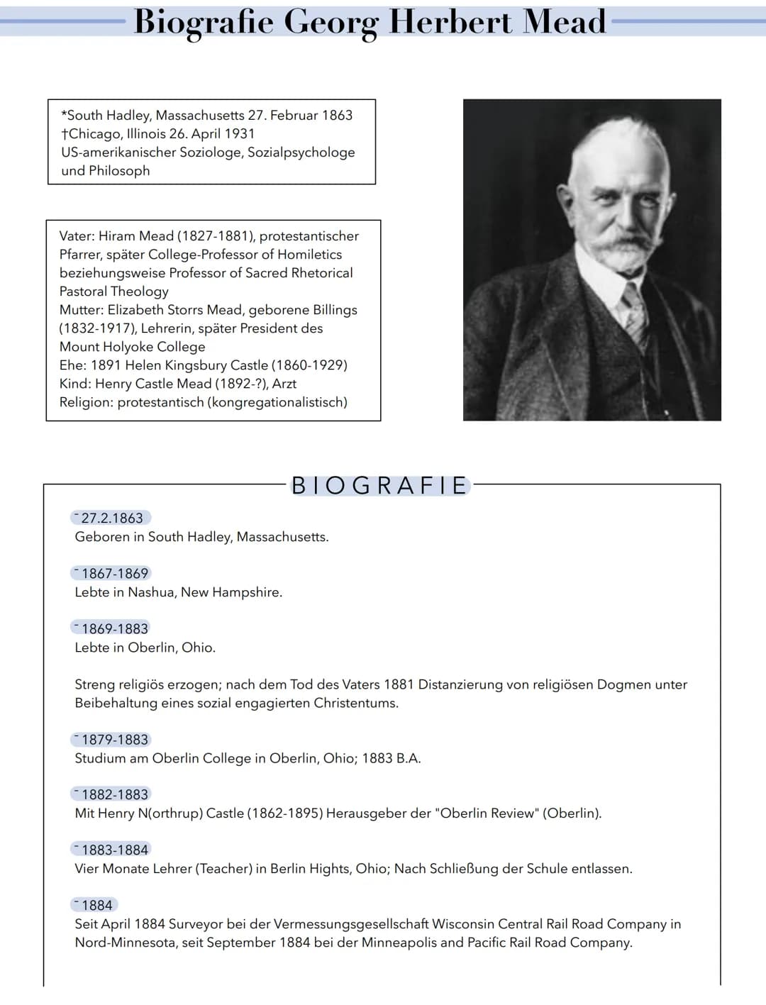 # Biografie Georg Herbert Mead
*South Hadley, Massachusetts 27. Februar 1863
†Chicago, Illinois 26. April 1931
US-amerikanischer Soziolog