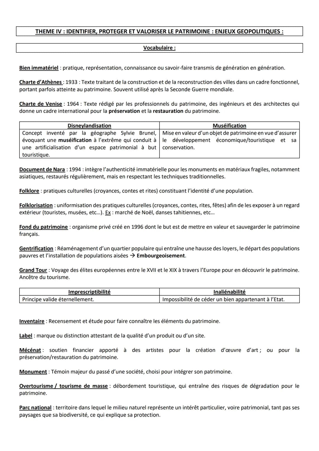 # THEME IV: IDENTIFIER, PROTEGER ET VALORISER LE PATRIMOINE : ENJEUX GEOPOLITIQUES :
Vocabulaire :
Bien immatériel: pratique, représentati