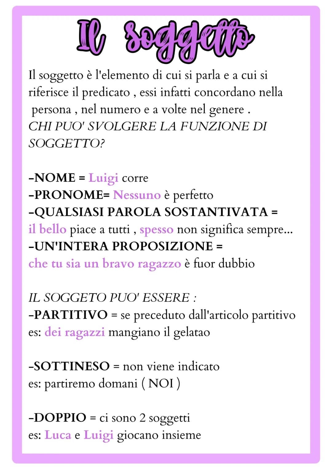 # Il soggetto
Il soggetto è l'elemento di cui si parla e a cui si
riferisce il predicato, essi infatti concordano nella
persona, nel numero