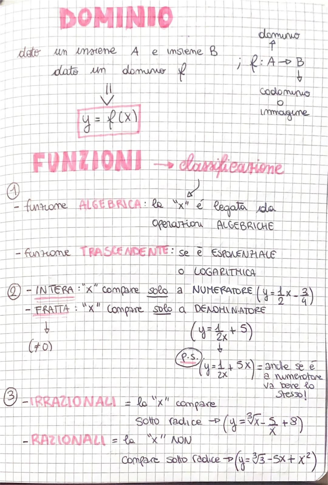 <p>Il dominio di una funzione, spesso indicato con la lettera "A", è l'insieme di tutti i valori che la variabile indipendente può assumere