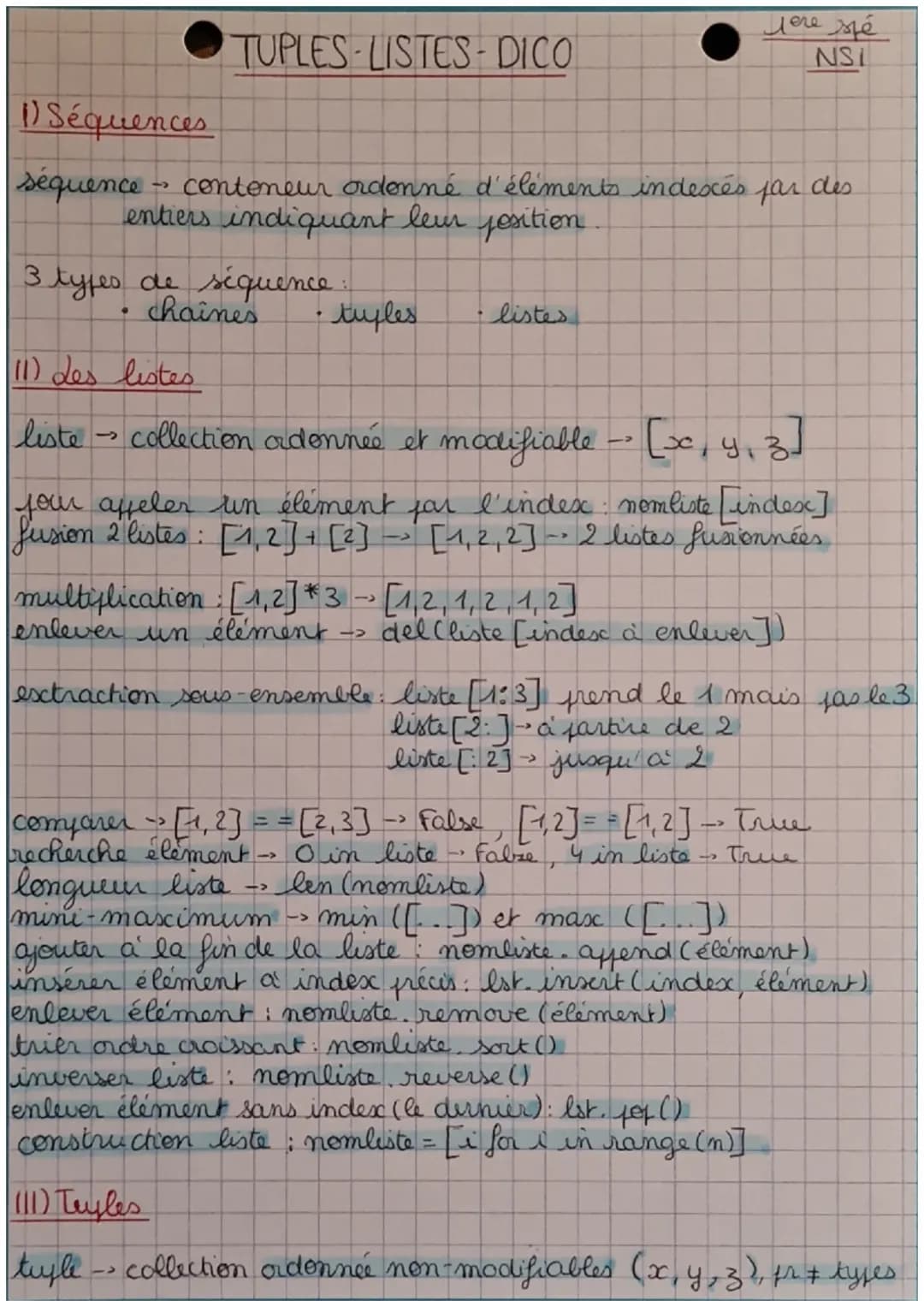 # TUPLES-LISTES-DICO
_Mere spé_
NSI
1) Séquences
séquence conteneur ordonné d'éléments indescés par des
entiers indiquant leur position.
