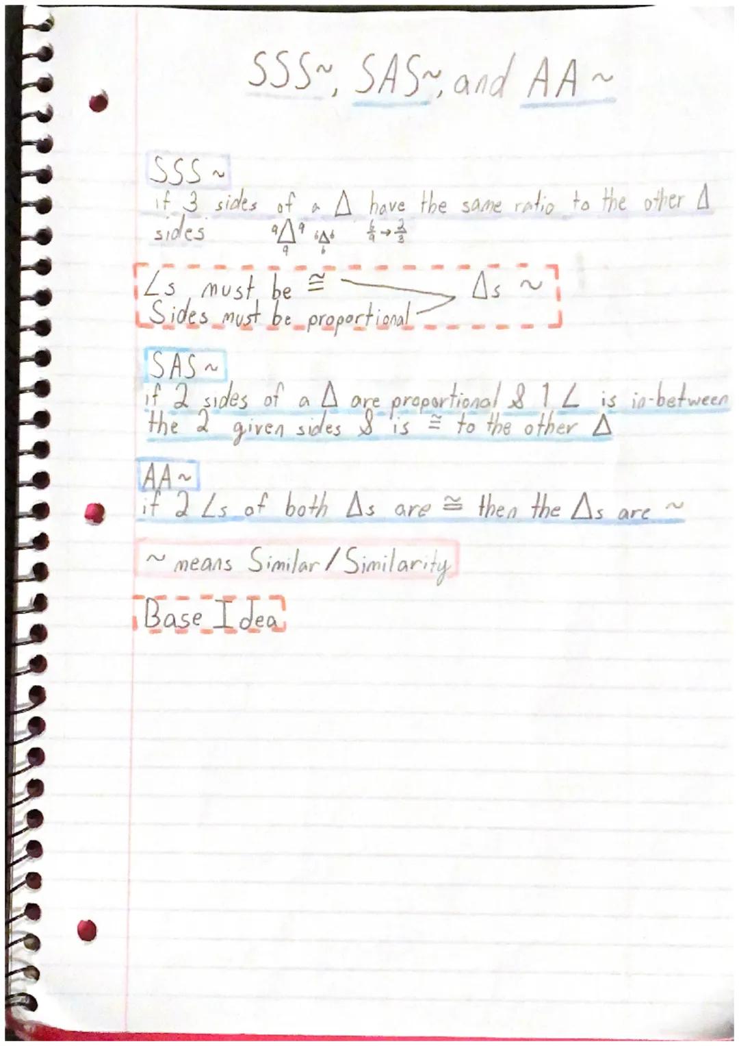 SSS~
SSS~, SAS~, and AA~
if 3 sides of a $\triangle$ have the same ratio to the other $\triangle$
sides $\frac{9}{9} \frac{\triangle}{\tri