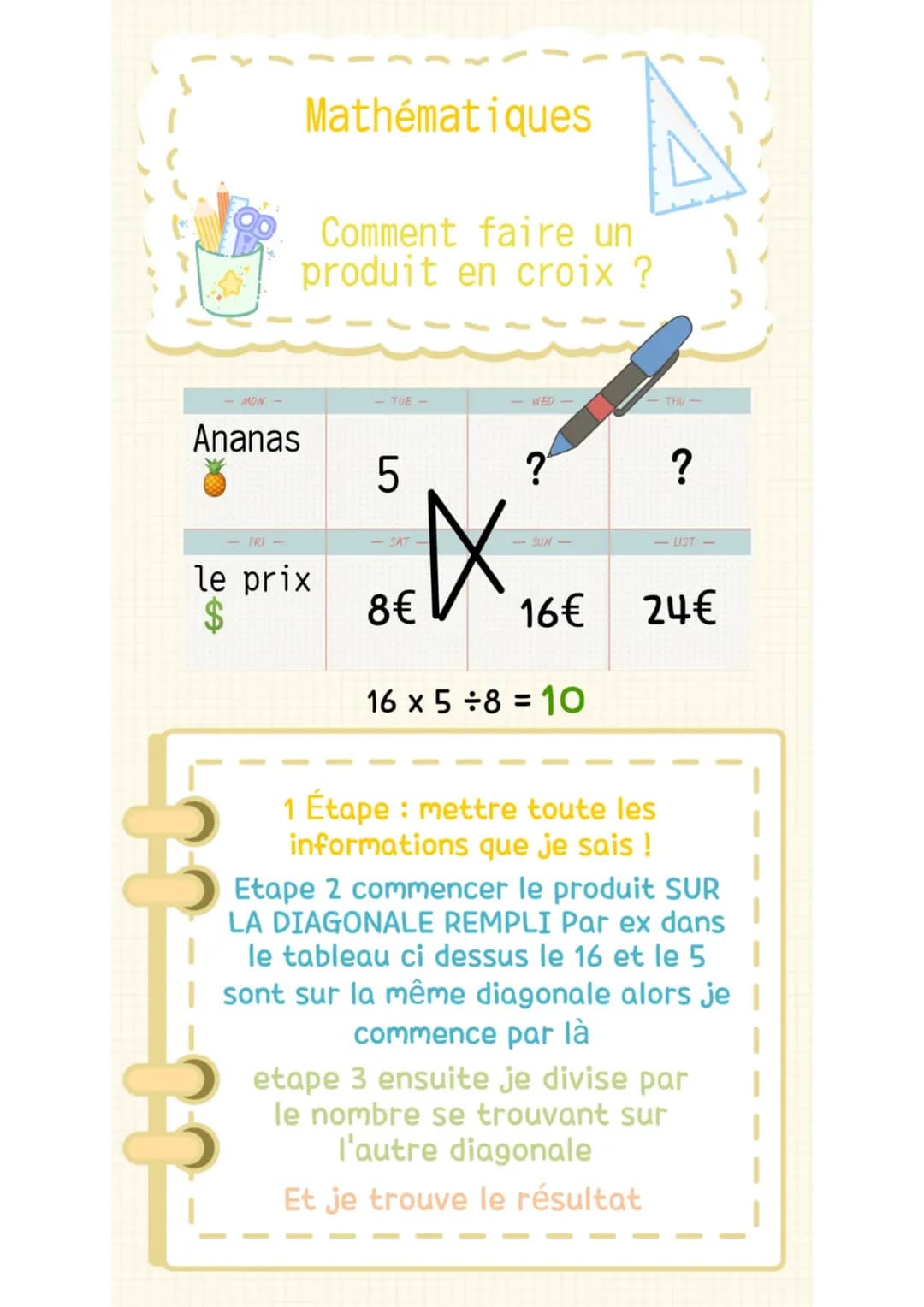 # Mathématiques
Comment faire un
produit en croix ?
MON
TUE-
WED-
THV-
Ananas
5
?
?
FRI-
LIST
le prix
$
8€
16€ 24€
$
16 x 5÷8=10
1 Étape