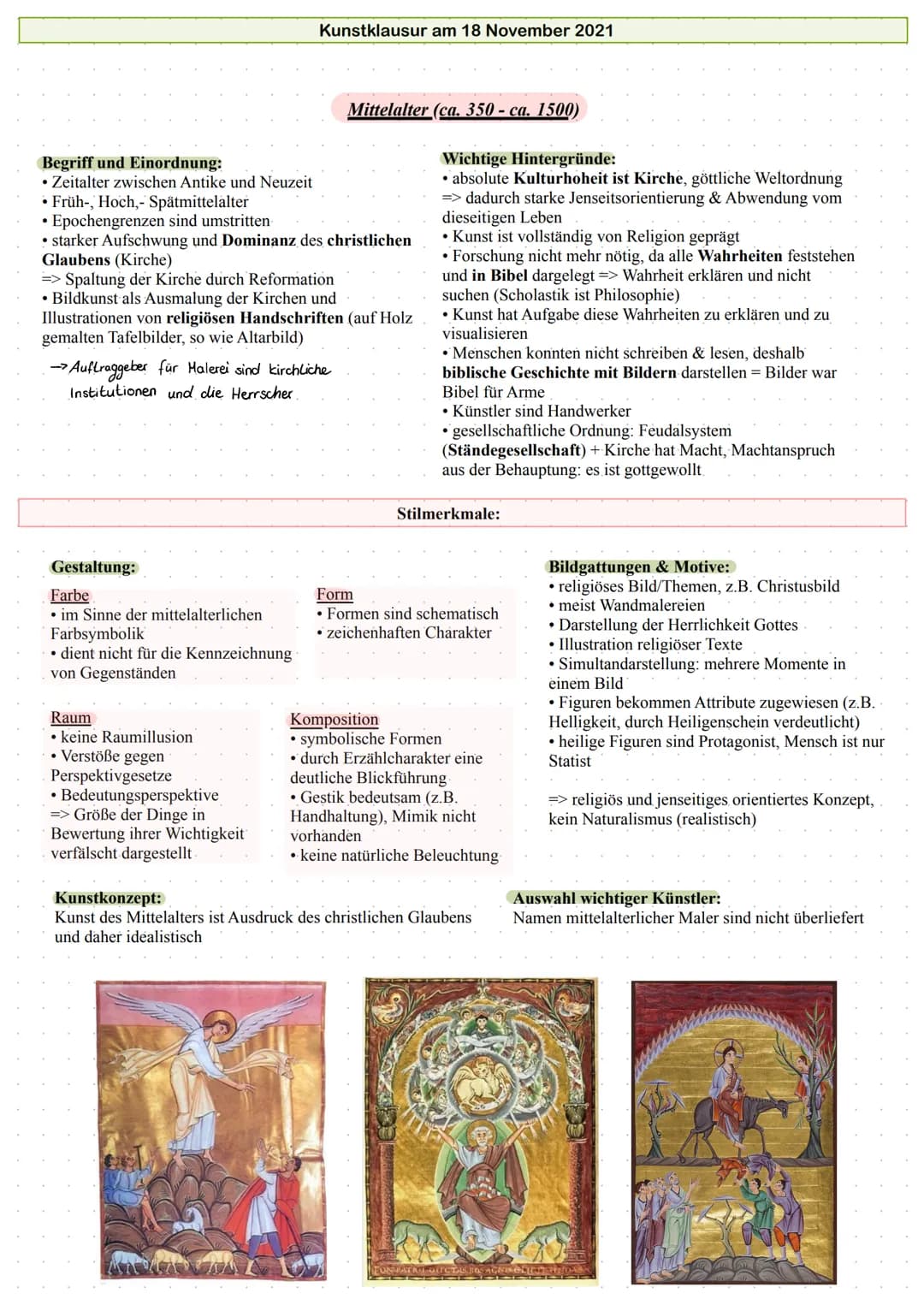 # Kunstklausur am 18 November 2021
# Mittelalter (ca. 350-са. 1500)
## Begriff und Einordnung:
* Zeitalter zwischen Antike und Neuzeit
*