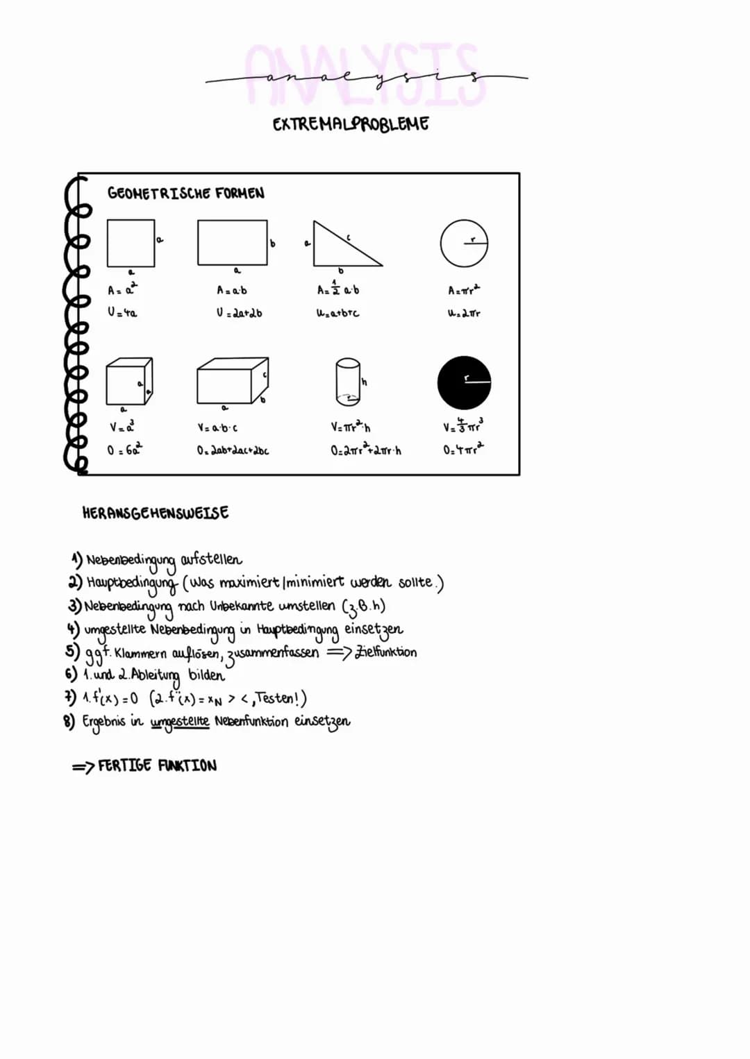 # ANALYSIS
# EXTREMALPROBLEME
GEOMETRISCHE FORMEN
$A = a^2$
$U = 4a$
$A = a \cdot b$
$U = 2a + 2b$
$A = \frac{1}{2} a \cdot b$
$U =