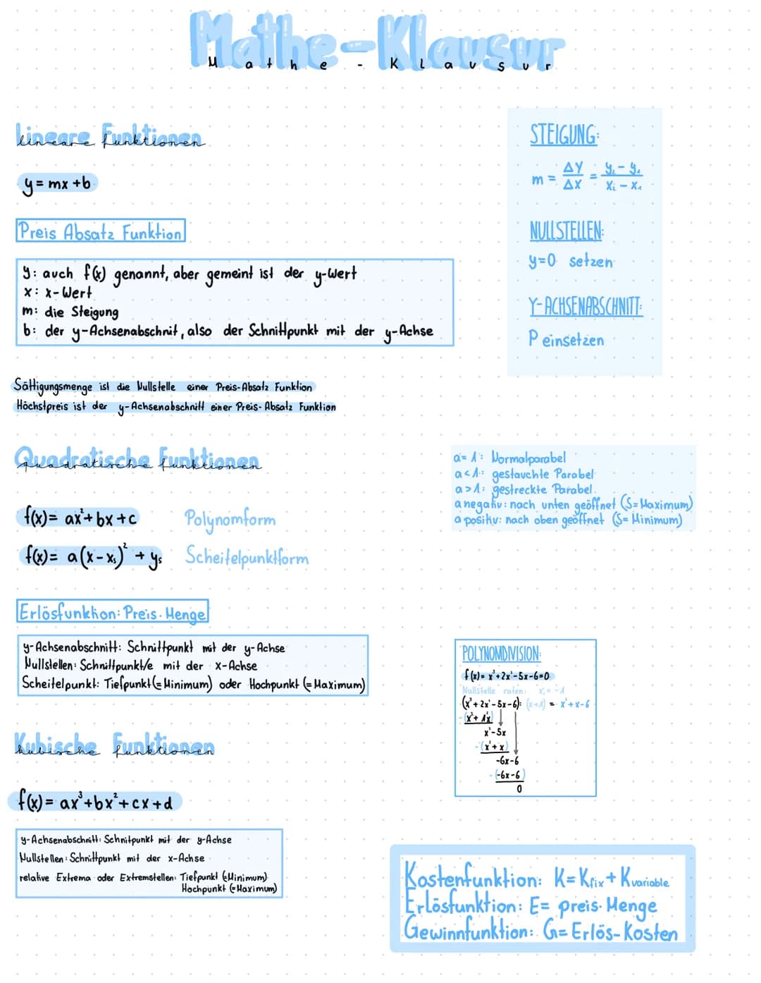 # Mathe-Klausur
kincare Funktionen.
y=mx+b
Preis Absatz Funktion
y: auch f(x) genannt, aber gemeint ist der y-Wert
x: x-Wert
m: die Stei