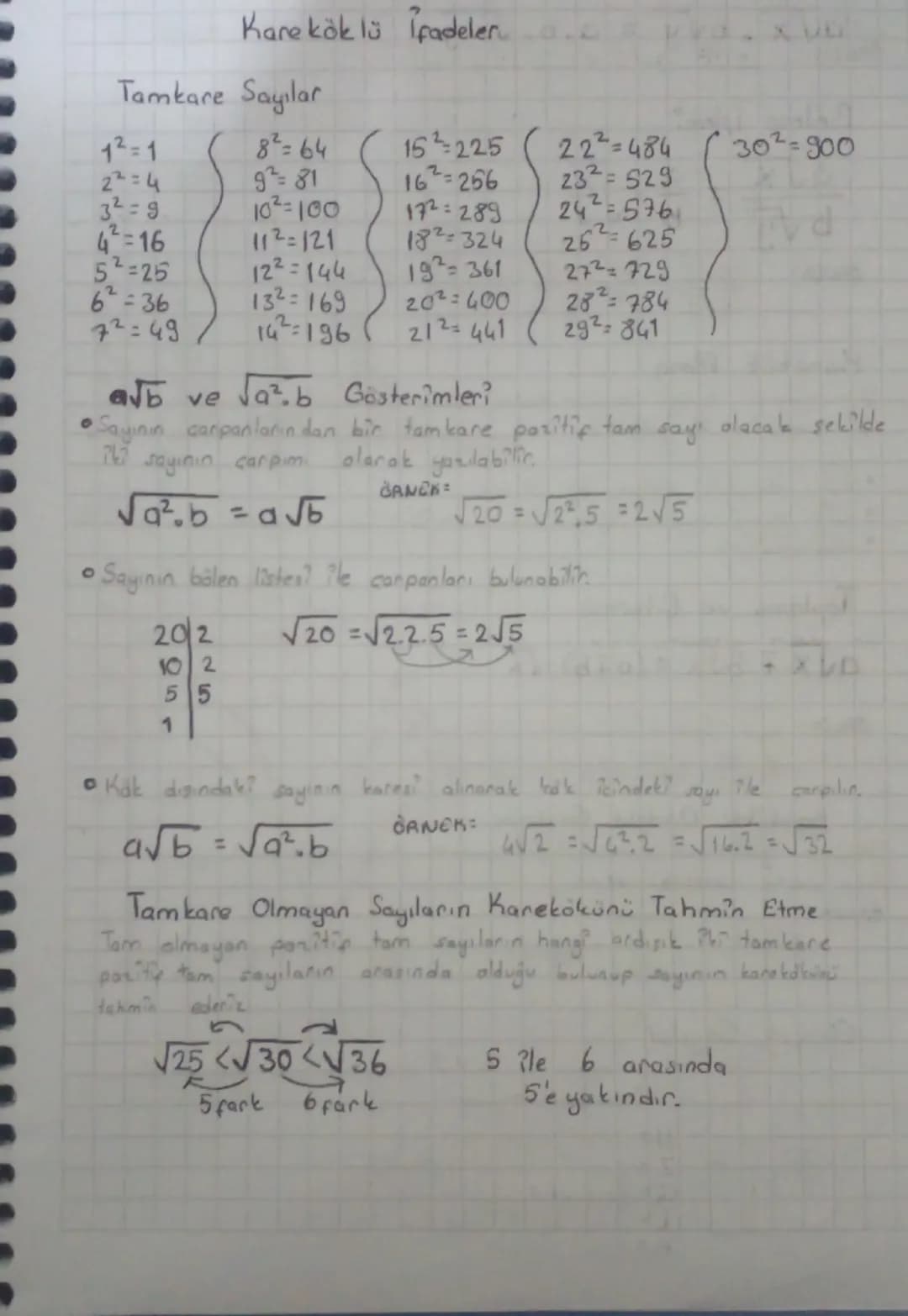 Kare köklü İfadeler
Tamkare Sayılar
12=1
82=64
152225
222=484
302-900
22=4
92=81
16=256
232=529
32=9
102=100
172=289
24576
4=16
112=121
18
