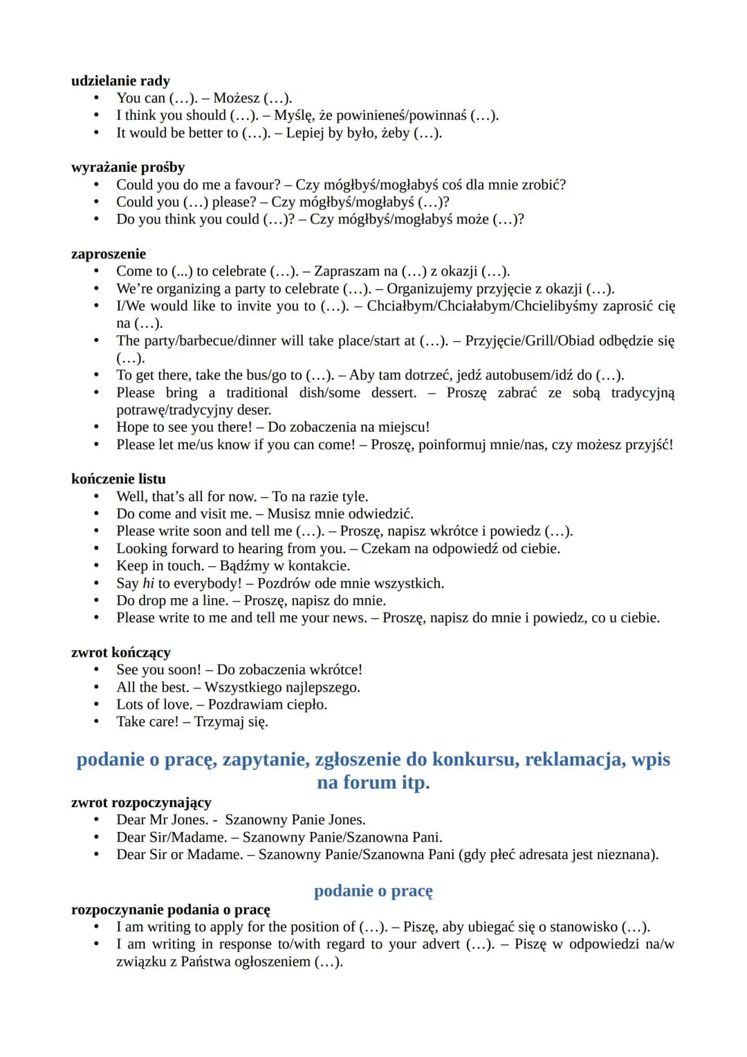 # Przydatne zwroty: wypowiedź pisemna z języka angielskiego
list prywatny, e-mail, wpis na blogu
## zwroty rozpoczynające
- Hi Susan. - Cz