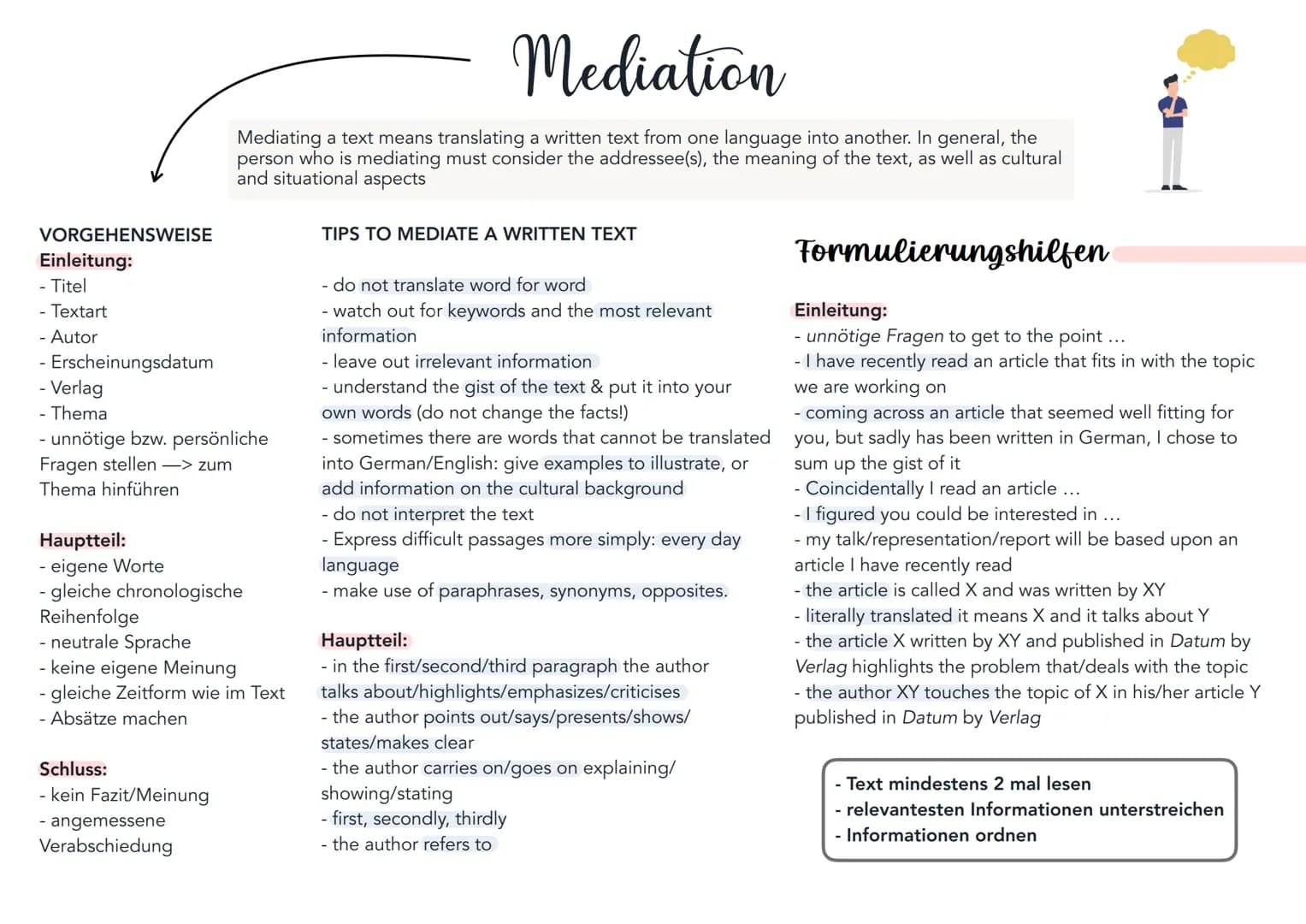# Mediation
Mediating a text means translating a written text from one language into another. In general, the
person who is mediating must