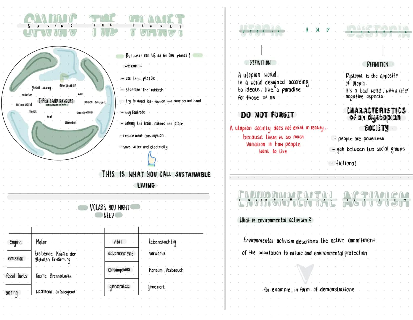 SAVING THE PLANET
23
Climate change & Biodiversity, Greenhous gases
Threats and dangers, Sustainable developement
Utopia and dystopia, A
