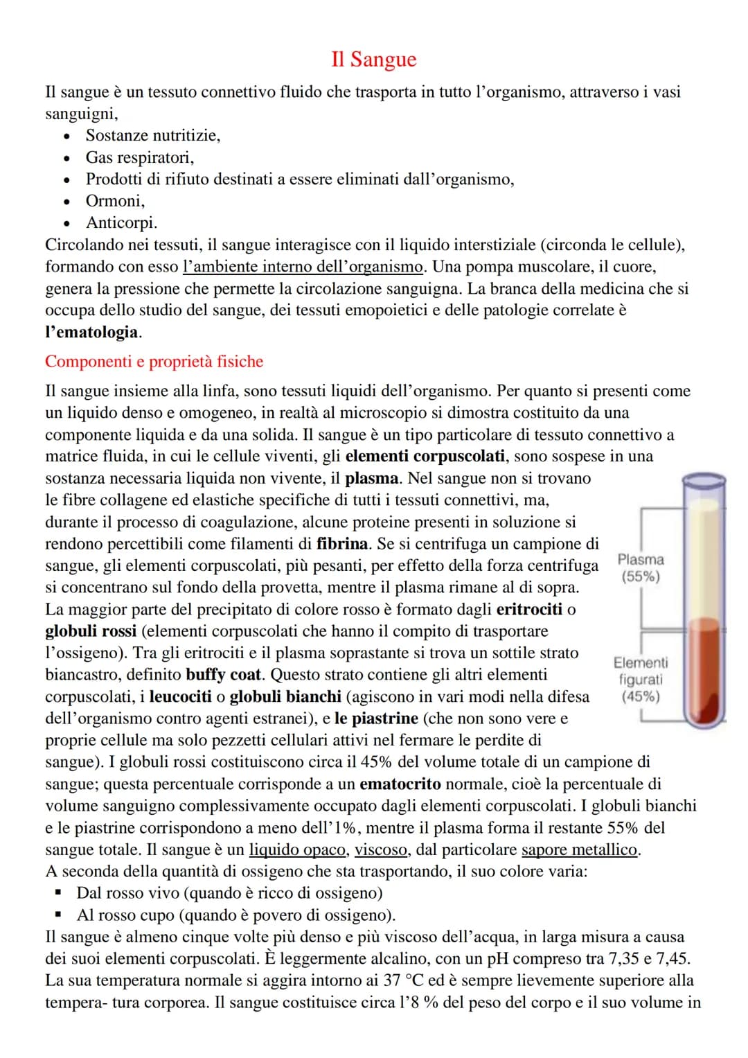 # Il Sangue
Il sangue è un tessuto connettivo fluido che trasporta in tutto l'organismo, attraverso i vasi
sanguigni,
- Sostanze nutritizi