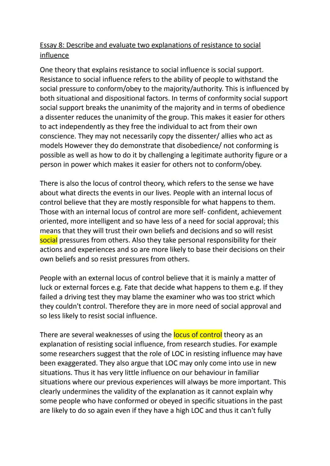# Essay 8: Describe and evaluate two explanations of resistance to social
influence
One theory that explains resistance to social influence
