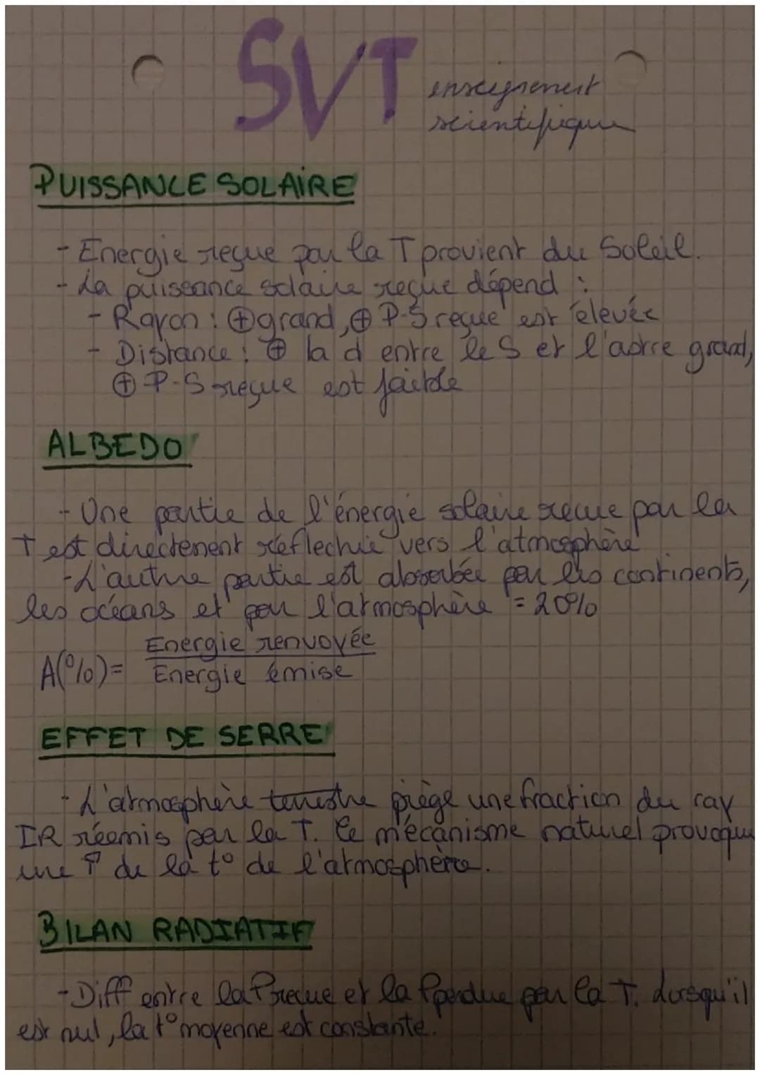 C
# SVT
enseignement
scientifique
# PUISSANCE SOLAIRE
- Energie reçue par la T provient du Soleil.
- La puissance scolaire reçue dépend :
-