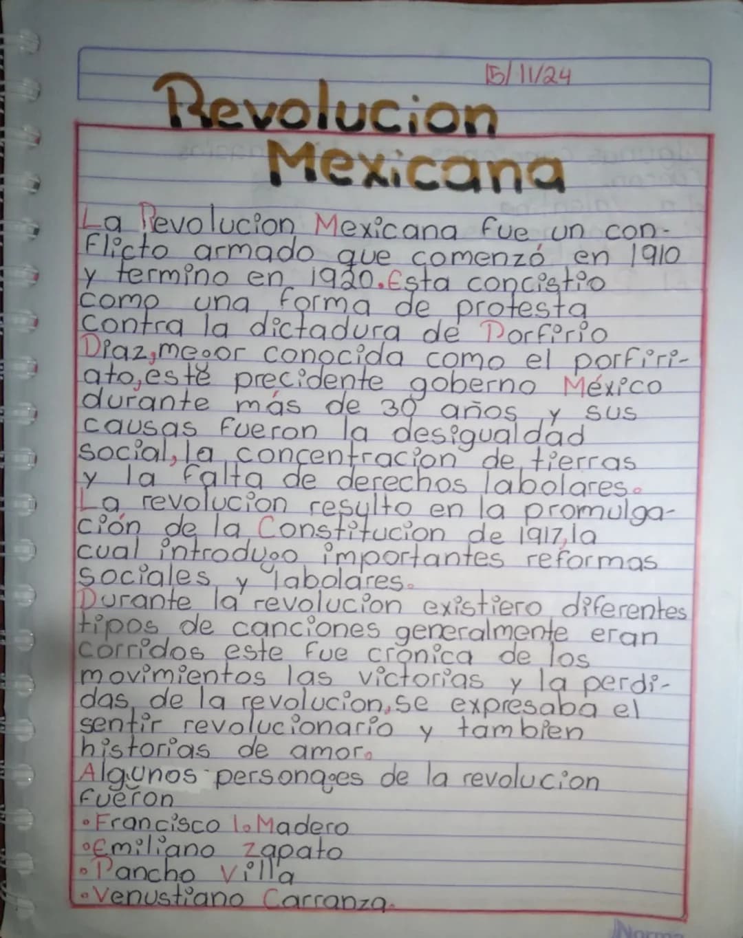 15/11/24
# Revolucion
## Mexicana
La Revolucion, Mexicana fue un con-
flicto armado que comenzó en 1910
y termino en 1920. Esta concistio
