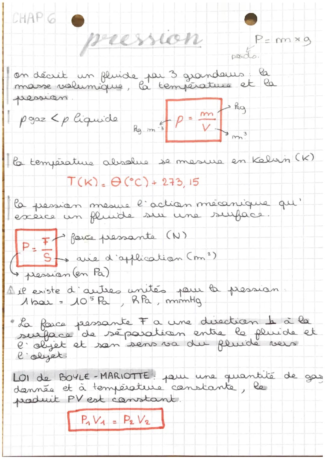 CHAP 6
# pression
$P=m \times g$
poids.
on décrit un fluide par 3 grandeurs la
masse volumique, la température et la
pression.
I $p_{ga