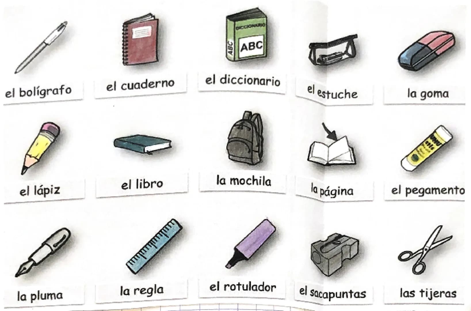 DICCIONARIO
ABC
ABC
el bolígrafo
el cuaderno
el diccionario
el estuche
la goma
el libro
la mochila
el lápiz
la página
el pegamento
la plu