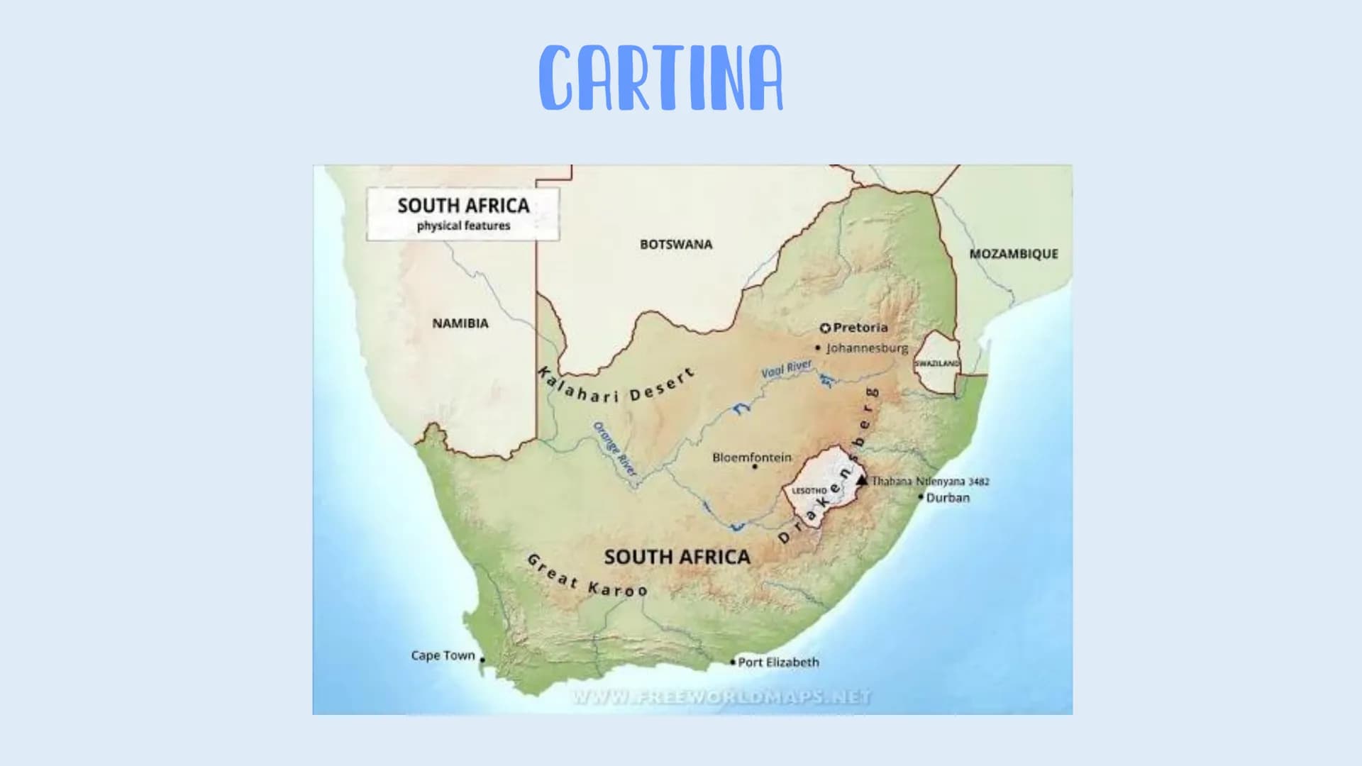 # SUDAFRICA
Francesca Sauchelli Boretto # DATI GENERALI
Estensione: 1.220.000 km²
Popolazione: 59,89 milioni
Forma di governo: Repubblica
