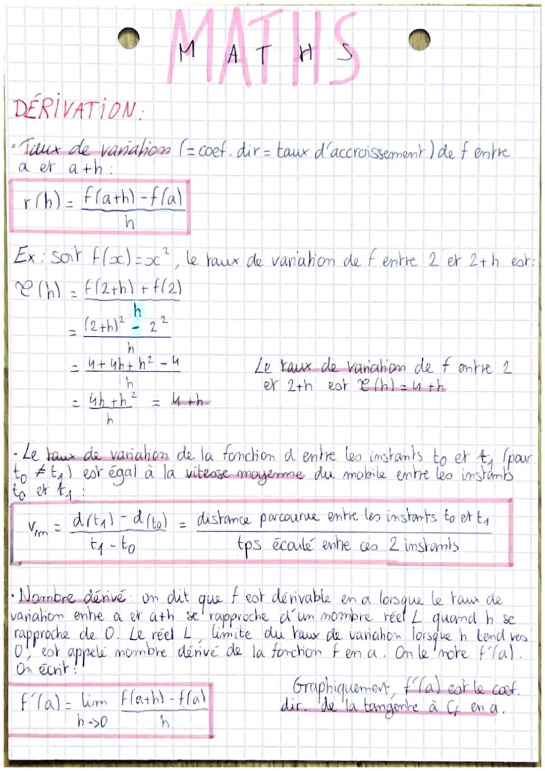 • •
# MATHS
DERIVATION:
•Taux de variation (= coef, dir = taux d'accroissement) de f entre
a er a+h:
r(h) = $\frac{f(a+h) -f(a)}{h}$
Ex: