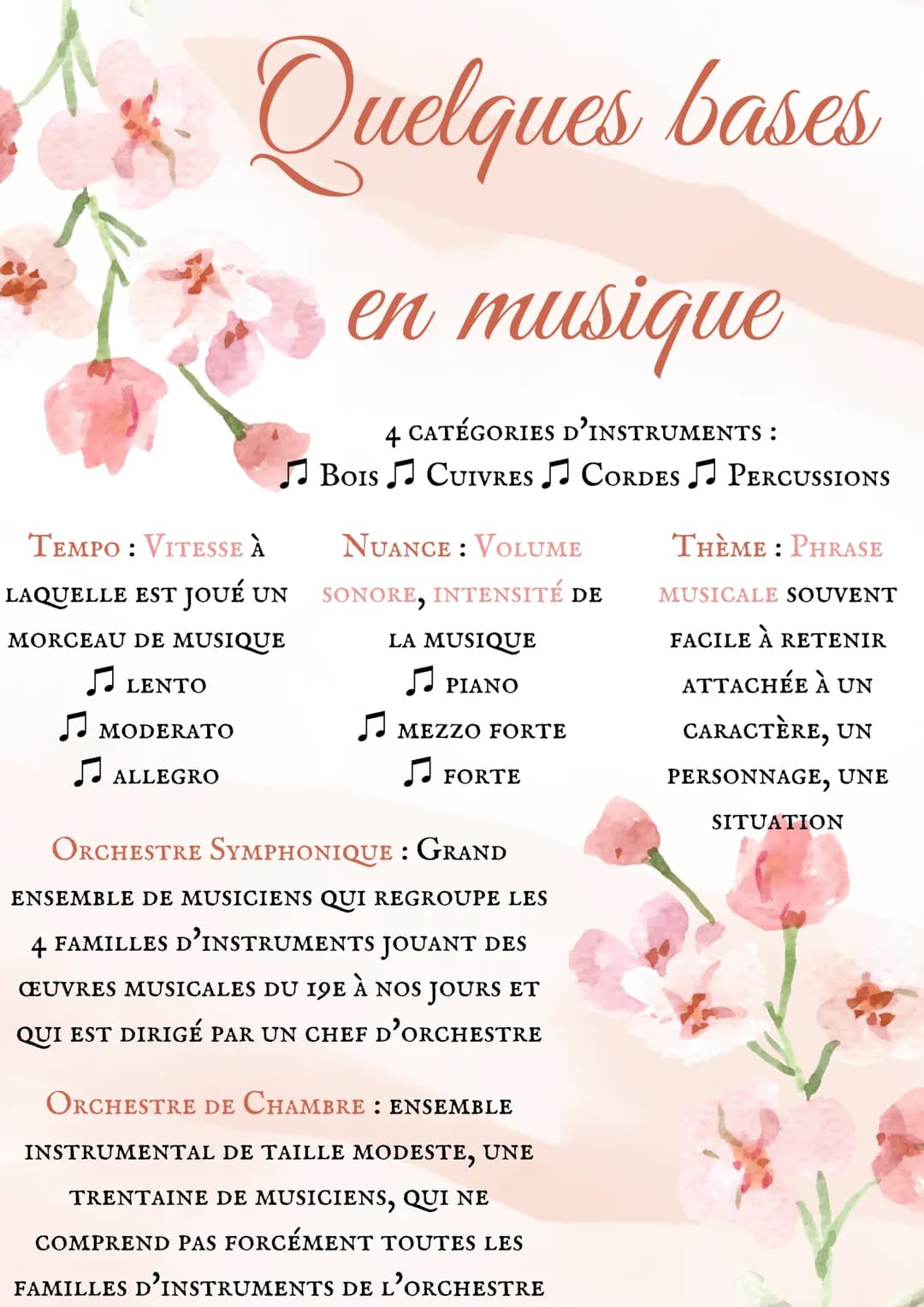 # Quelques bases
en musique
4 CATÉGORIES D'INSTRUMENTS:
♫BOIS CUIVRES ♫ CORDES ♫ PERCUSSIONS
TEMPO: VITESSE À
NUANCE: VOLUME
THEME: PH