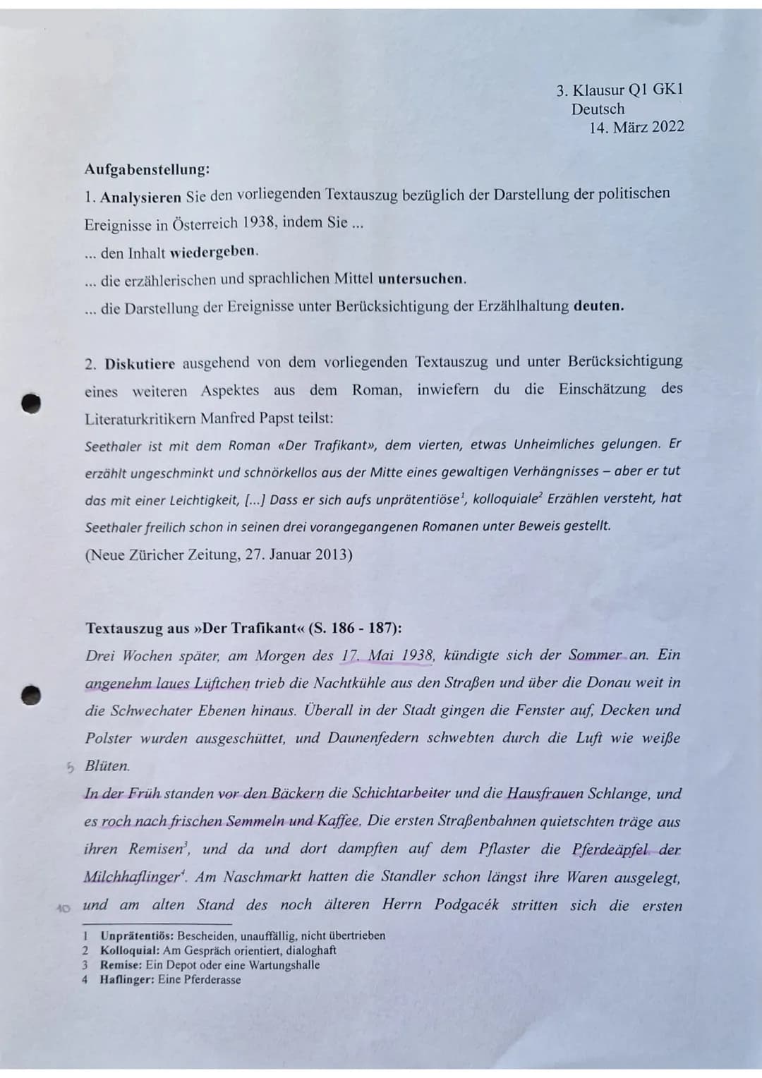 3. Klausur Q1 GK1
Deutsch
14. März 2022
Aufgabenstellung:
1. Analysieren Sie den vorliegenden Textauszug bezüglich der Darstellung der poli