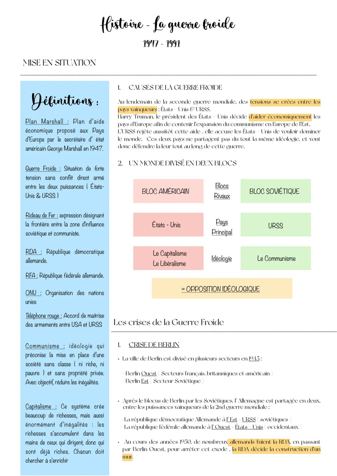 # Histoire - La guerre froide
1947-1991
MISE EN SITUATION
Définitions:
Plan Marshall: Plan d'aide
économique proposé aux Pays
d'Europe pa