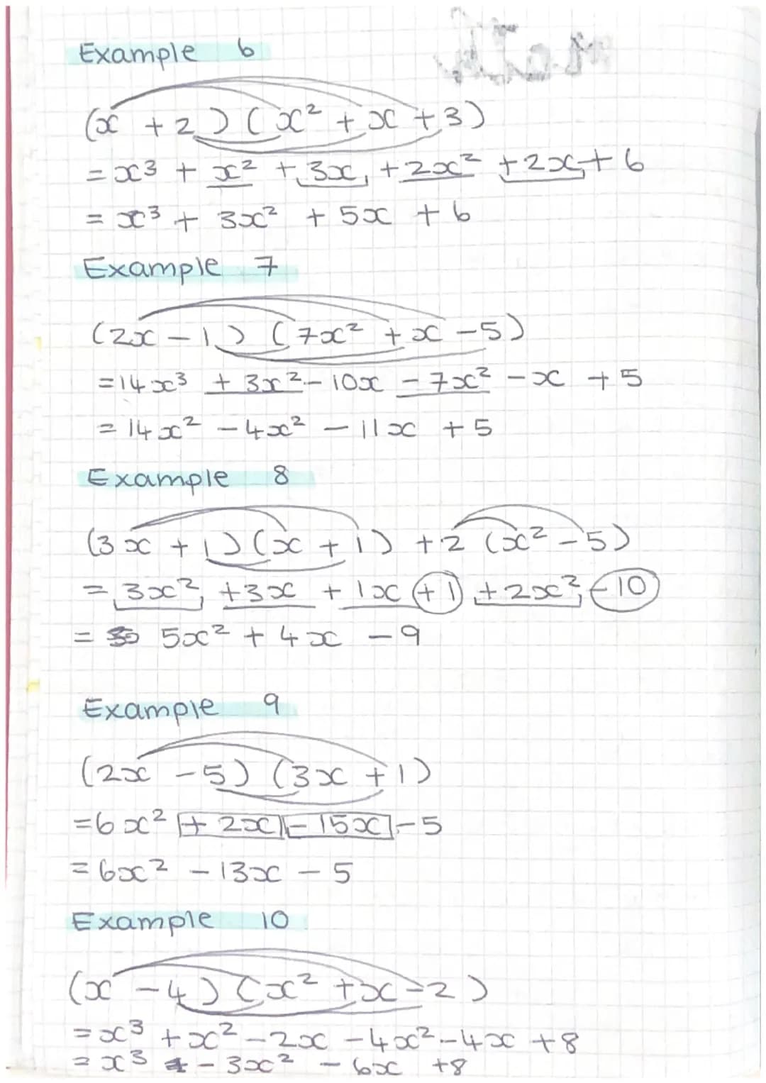 # math
Expanding brackets.
Example
5(x + 4) +3 (2x + 1)
=5x +20 + 6x + 3
=11x +23.
E xample 2
x(3x + 4)
=3x² + 4 x
Example 3
6x(-2 + 3)
=