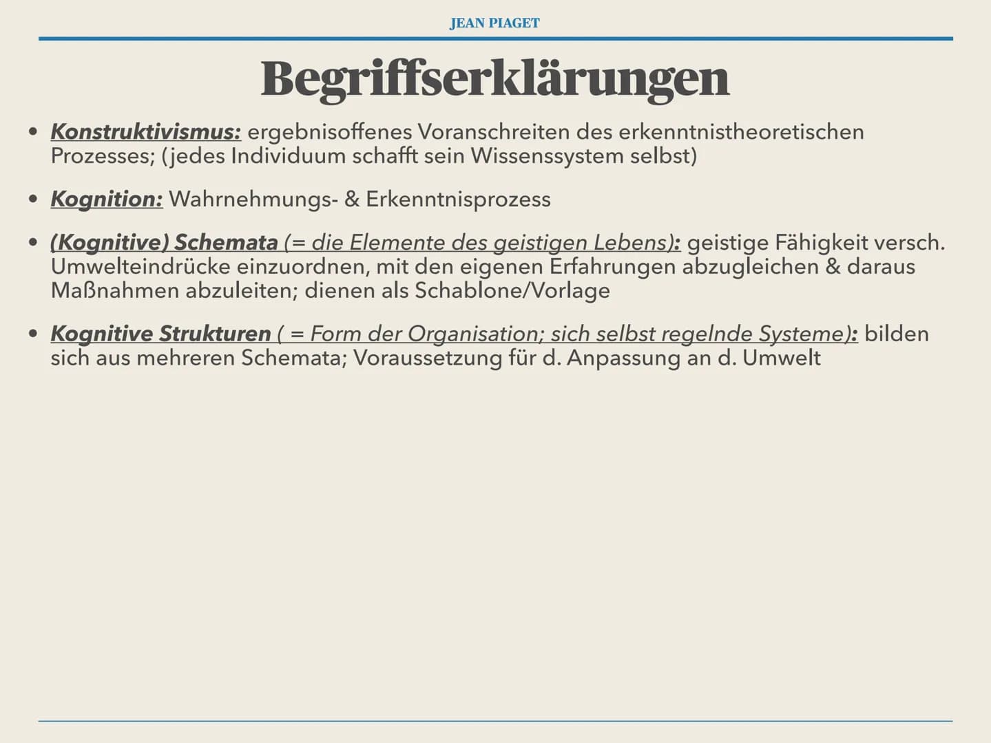 JEAN PIAGET
die kognitive Entwicklung
nach Jean Piaget JEAN PIAGET
# Gliederung
1. Kurzbiografie - Jean Piaget
2. Kerngedanken
3. Begrif