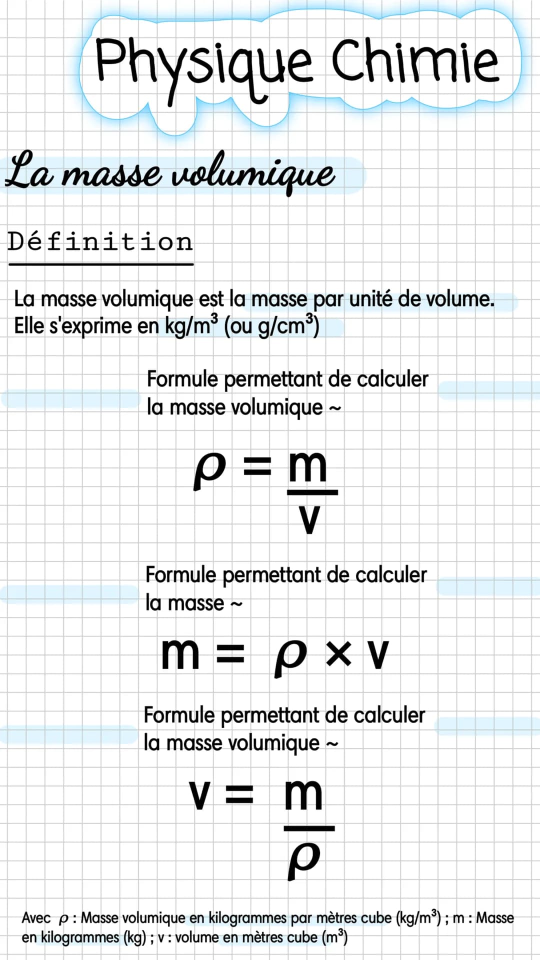 # Physique Chimie
# La masse volumique
Définition
La masse volumique est la masse par unité de volume.
Elle s'exprime en kg/m³ (ou g/cm³)