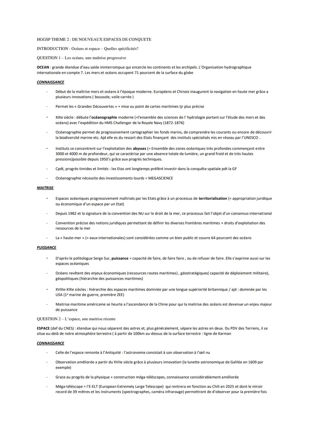 HGGSP THEME 2: DE NOUVEAUX ESPACES DE CONQUETE
INTRODUCTION: Océans et espace Quelles spécificités?
QUESTION 1-Les océans, une maîtrise pr