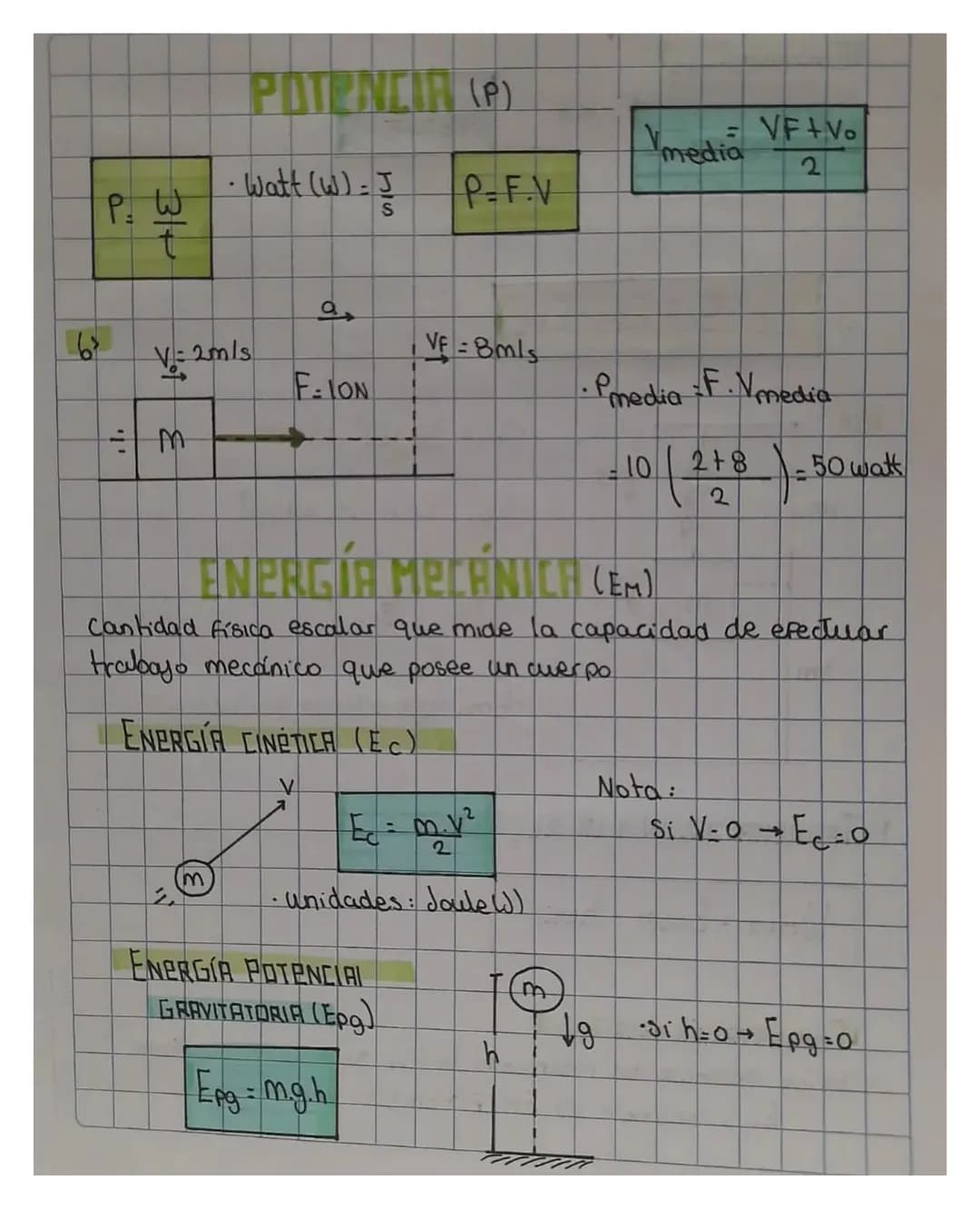 # POTENCIA (P)
$V_{media}$ = $\frac{VF+Vo}{2}$
P= $\frac{W}{t}$ · watt (W)= $\frac{J}{S}$ P=F.V
6)
Vo=2m/s Vf=8m/s
F=10N
$\div$ M
$P_