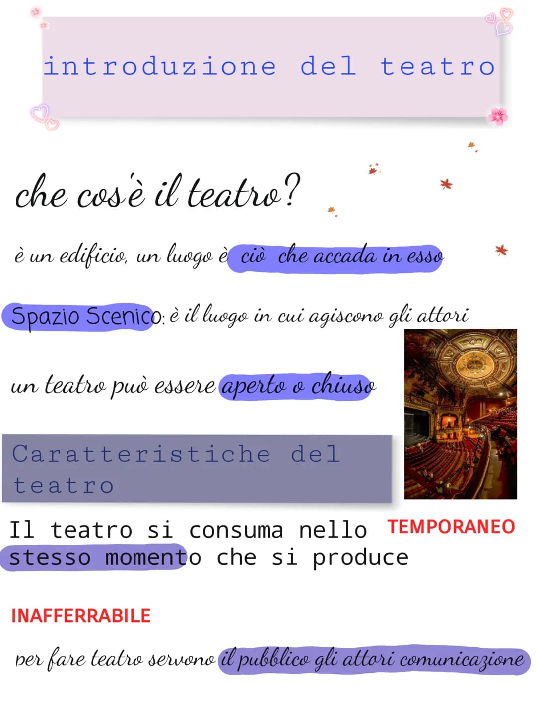 # introduzione del teatro
## che cos'è il teatro?
*
è un edificio, un luogo è ciò che accada in esso
*
Spazio Scenico: è il luogo in cu