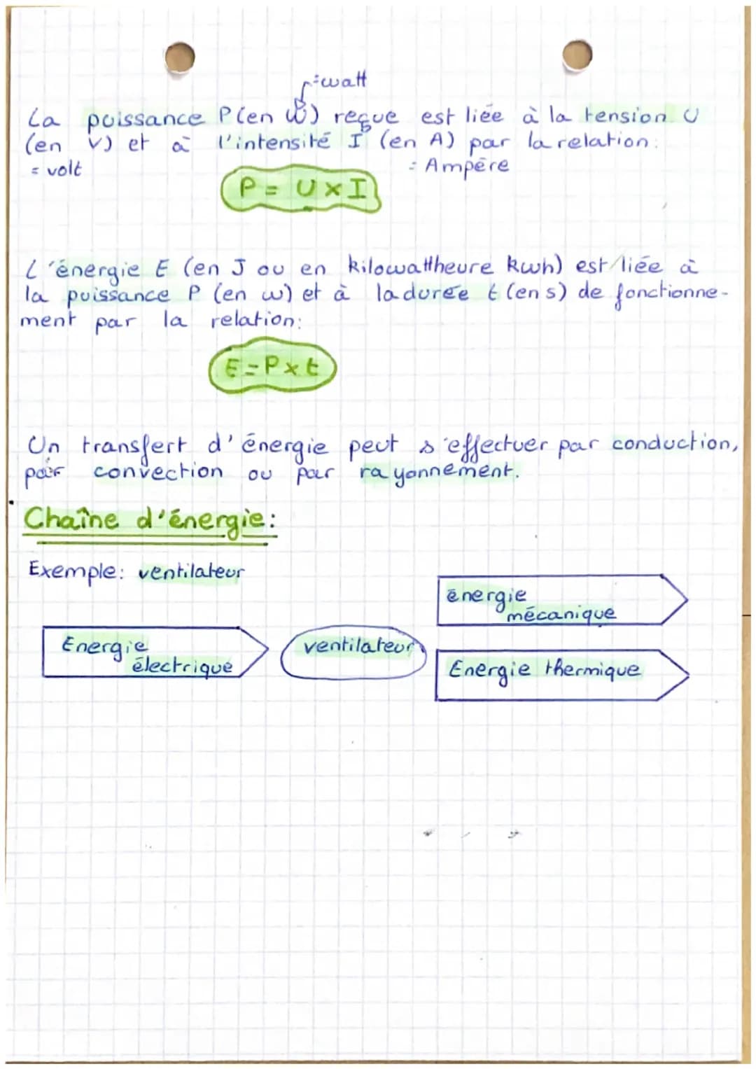 # physiques
Les energies:
L'énergie correspond au travail d'une force qui s'exerce
sur une certaine distance. Elle s'exprime en joole(J)
L