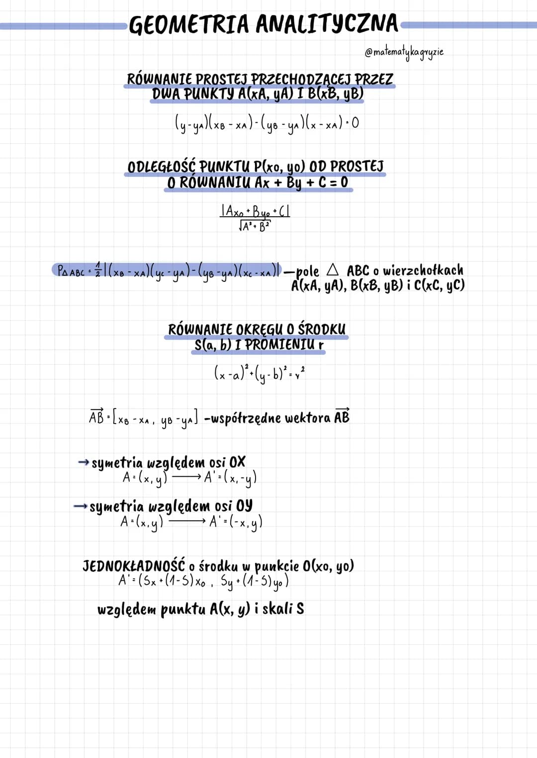 # GEOMETRIA ANALITYCZNA
@matematykagryzie
A(x, y)
В(хв.ўв)
B
A
|ABI| = √(ХВ-ХА)² + (ув-уn)² -długość odcinka
S= (Ха-ха , улу) -środek