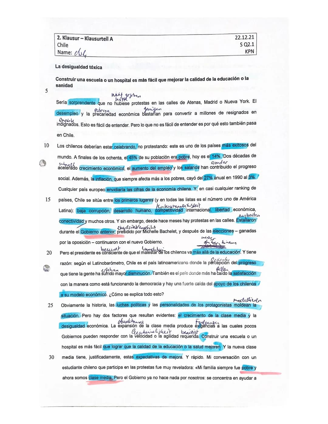 2. Klausur-Klausurteil A
Chile
Name: Asli Aychu
Klausurteil A: Sach- und Gebrauchstext
Aufgabenart A1: Textaufgabe mit analytisch-interpre