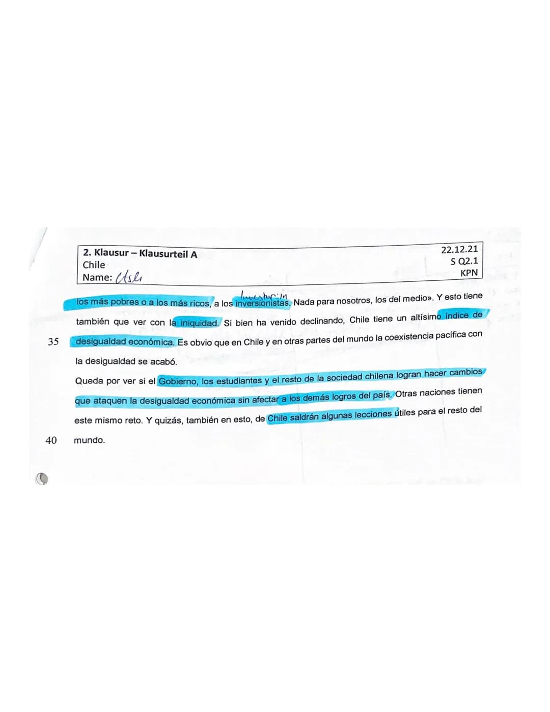 2. Klausur-Klausurteil A
Chile
Name: Asli Aychu
Klausurteil A: Sach- und Gebrauchstext
Aufgabenart A1: Textaufgabe mit analytisch-interpre