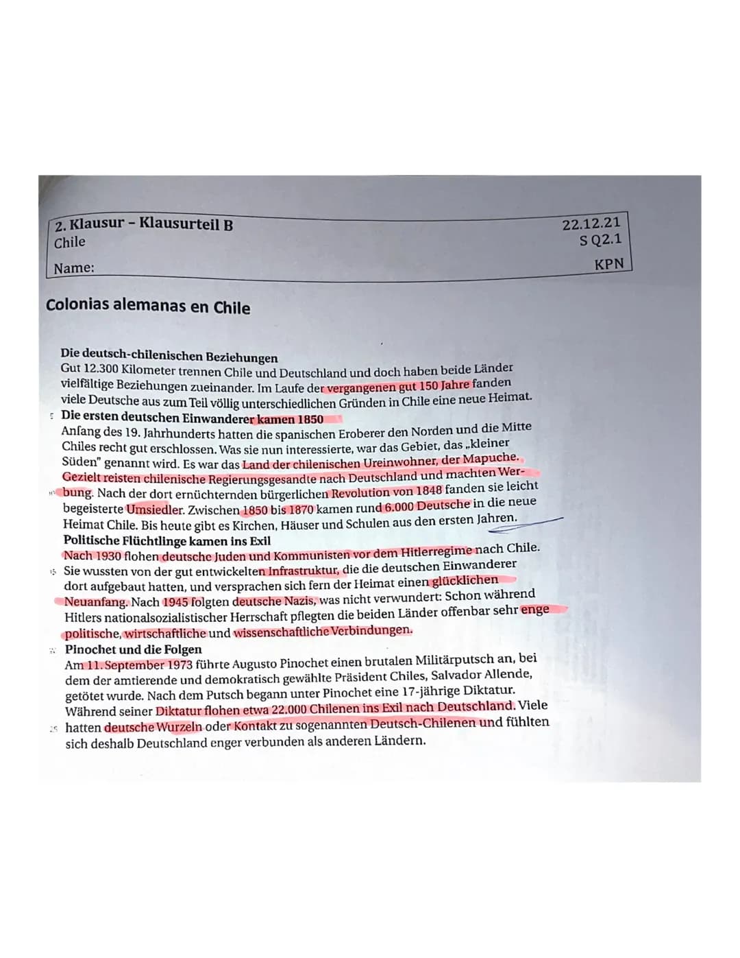 2. Klausur-Klausurteil A
Chile
Name: Asli Aychu
Klausurteil A: Sach- und Gebrauchstext
Aufgabenart A1: Textaufgabe mit analytisch-interpre
