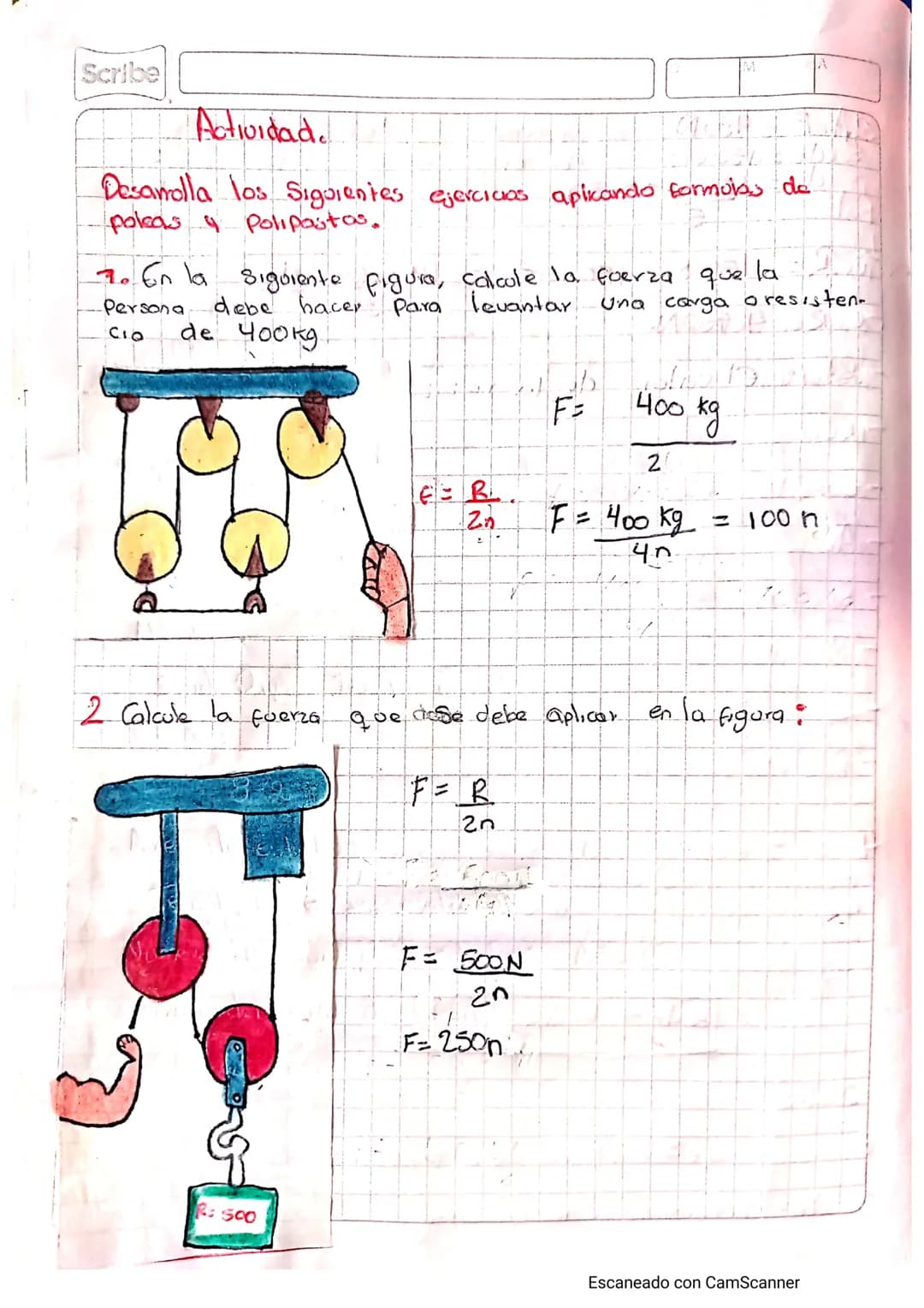 Scribe
Actividad.
Desanalla los Siguientes ejercicios apicando formoss de
poleas 4 Polipastos.
7. En la siguiente figura, calcule la fuer