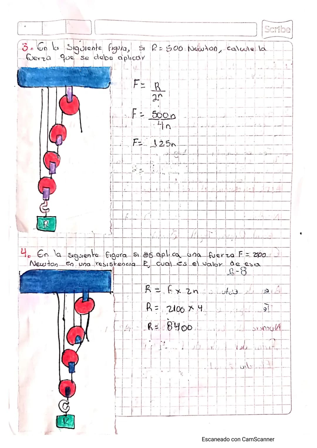Scribe
Actividad.
Desanalla los Siguientes ejercicios apicando formoss de
poleas 4 Polipastos.
7. En la siguiente figura, calcule la fuer