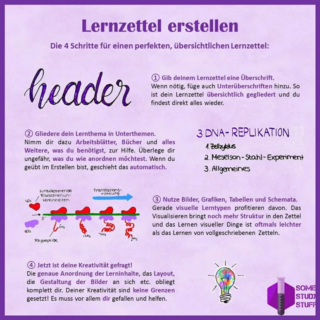 # Lernzettel erstellen
Die 4 Schritte für einen perfekten, übersichtlichen Lernzettel:
header
① Gib deinem Lernzettel eine Überschrift.
W