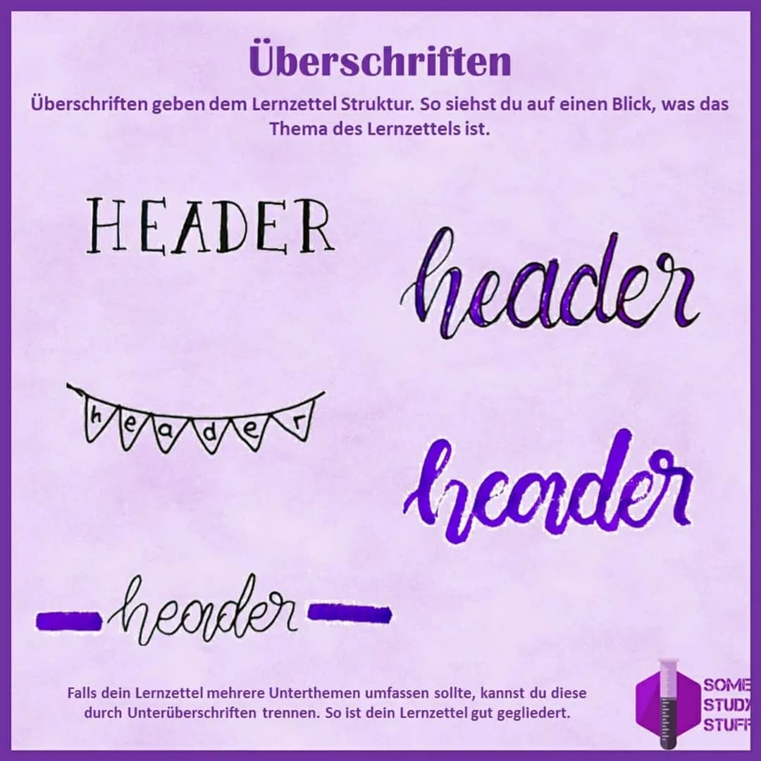 # Lernzettel erstellen
Die 4 Schritte für einen perfekten, übersichtlichen Lernzettel:
header
① Gib deinem Lernzettel eine Überschrift.
W