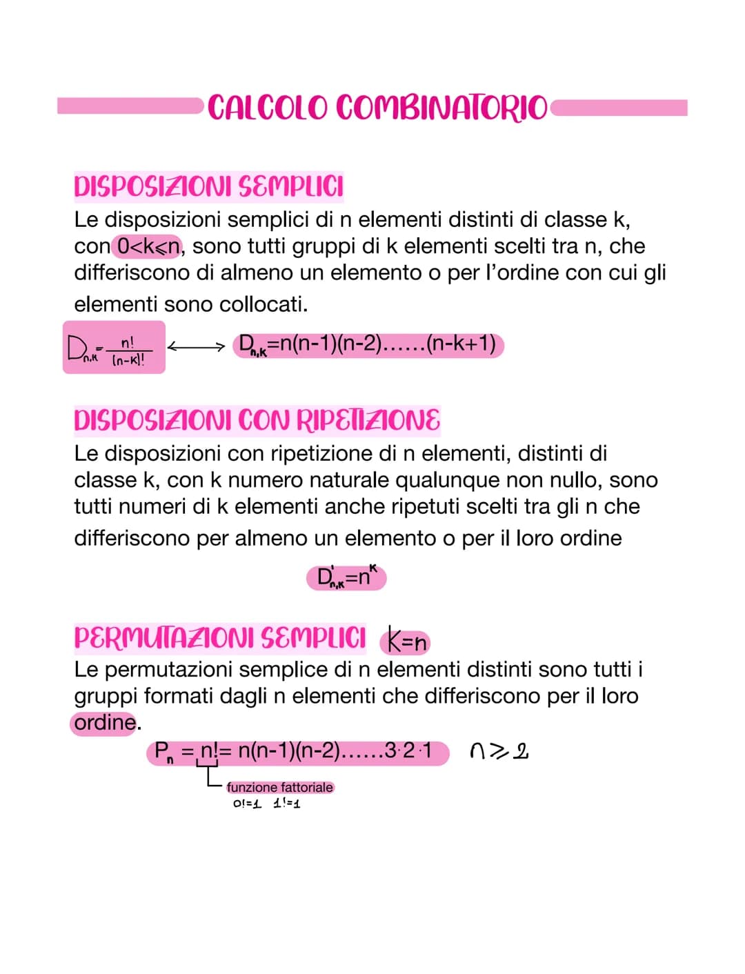 # CALCOLO COMBINATORIO
## DISPOSIZIONI SEMPLICI
Le disposizioni semplici di n elementi distinti di classe k,
con 0<k<n, sono tutti gruppi d