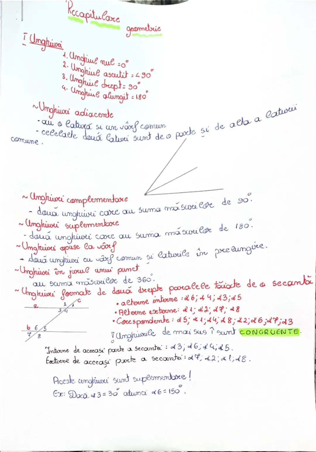 Recapitulare
geometric
I. Unghiuri
1. Unghiul nul =0°
2. Unghiul ascutit = <90°
3. Unghiul drept = 90°
4. Unghiul alungit = 180
~Unghi